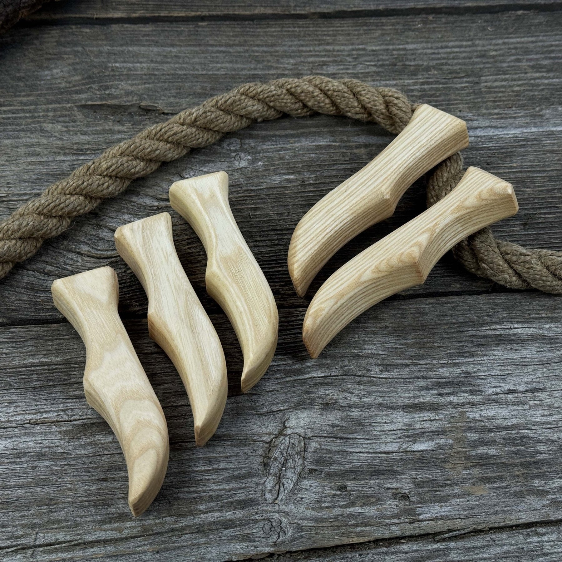 Set of 5 Ash Wood Knife Handles detail view by Sharky Forged Steel Tools