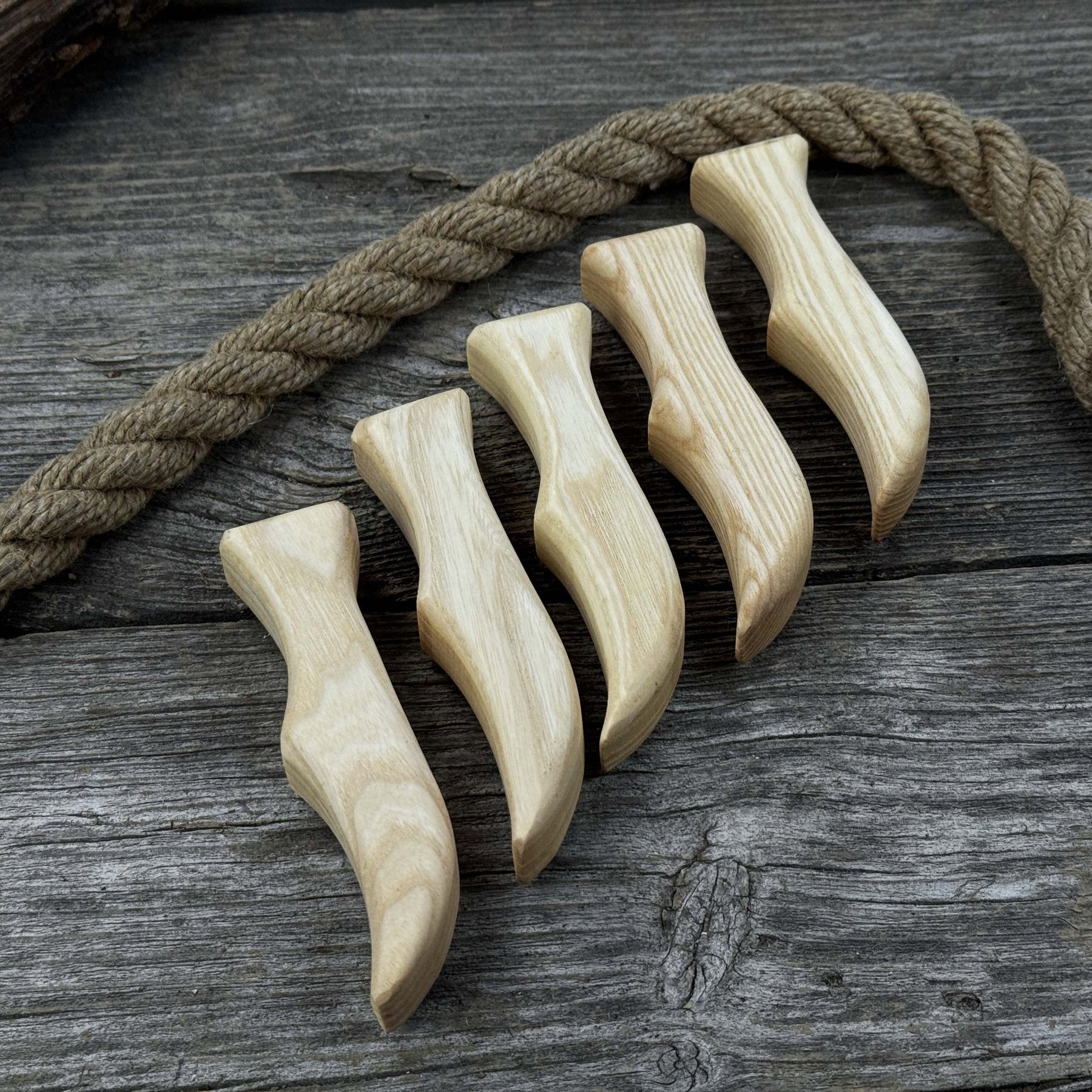 Set of 5 Ash Wood Knife Handles detail view by Sharky Forged Steel Tools