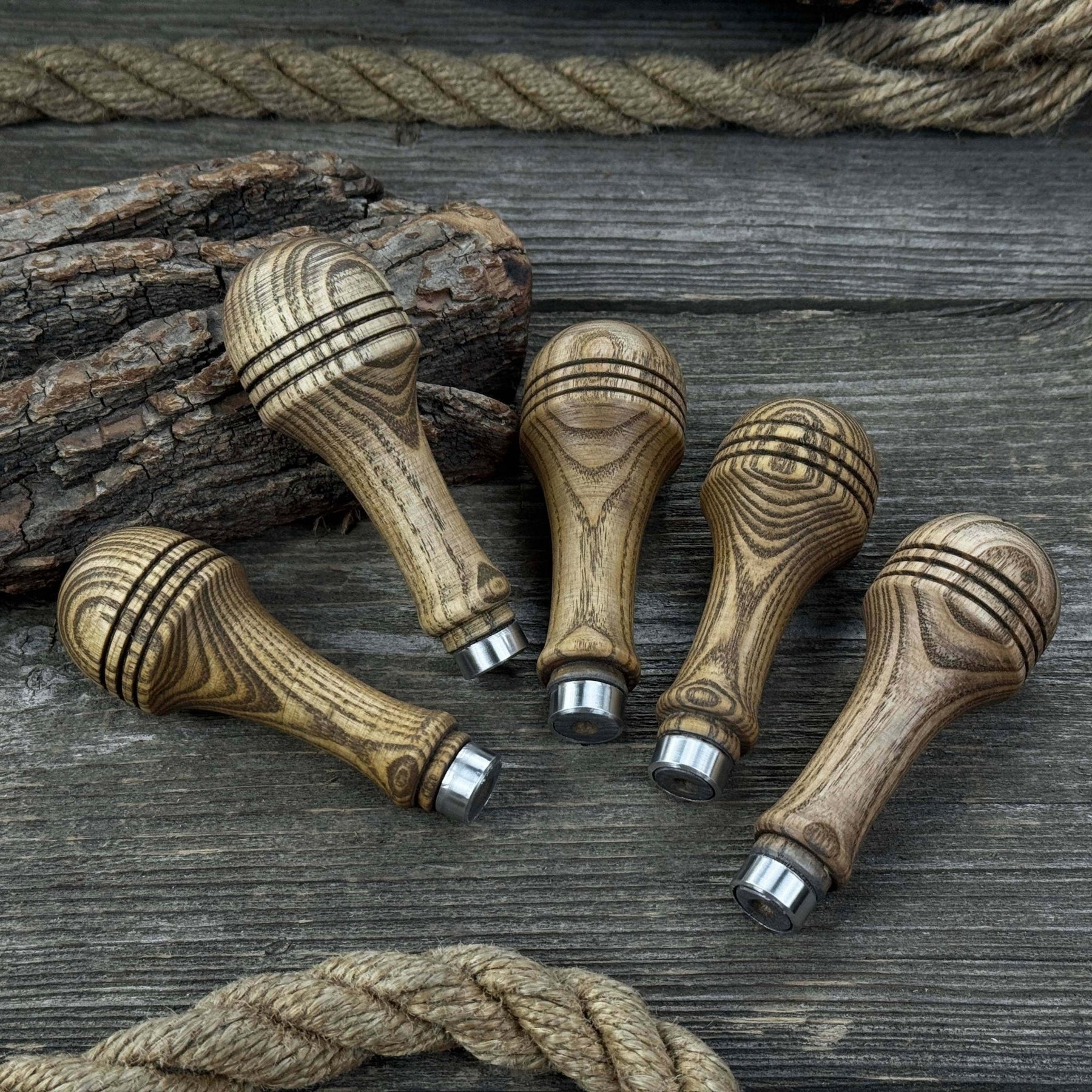 Set of 5 Ash Wood Replacement Handles with Aluminum Rings detail view by Sharky Forged Steel Tools