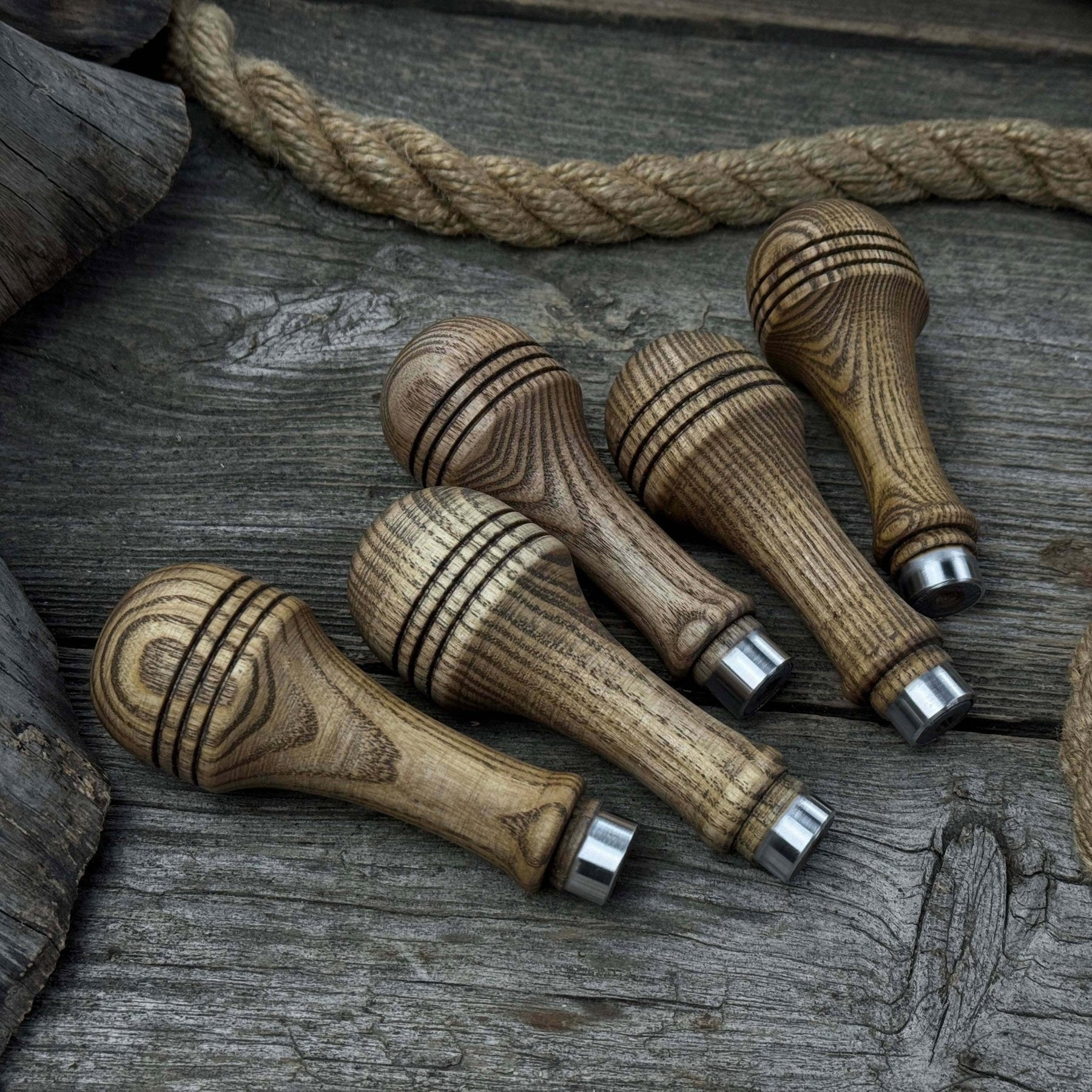 Set of 5 Ash Wood Replacement Handles with Aluminum Rings by Sharky Forged Steel Tools