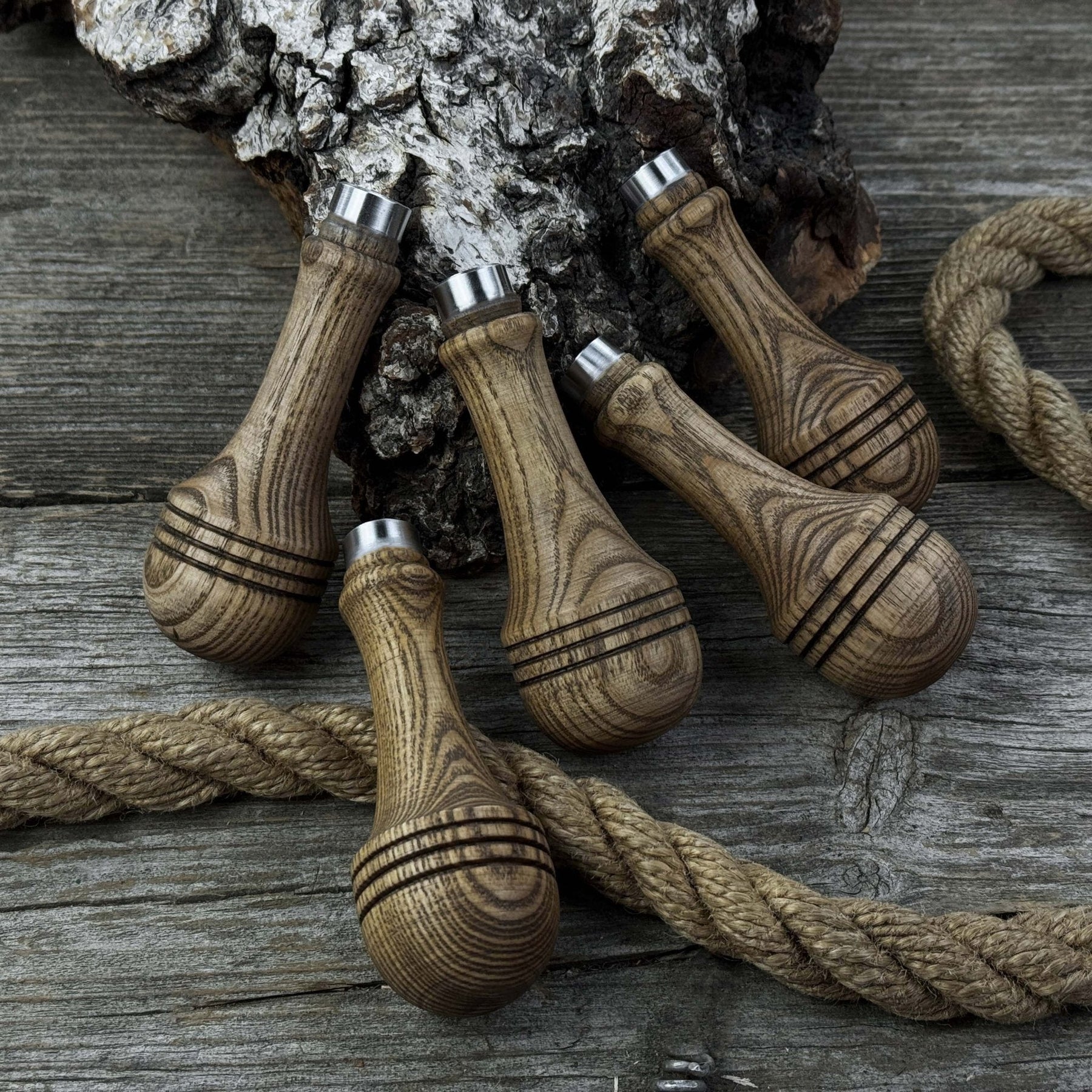 Set of 5 Ash Wood Replacement Handles with Aluminum Rings detail view by Sharky Forged Steel Tools