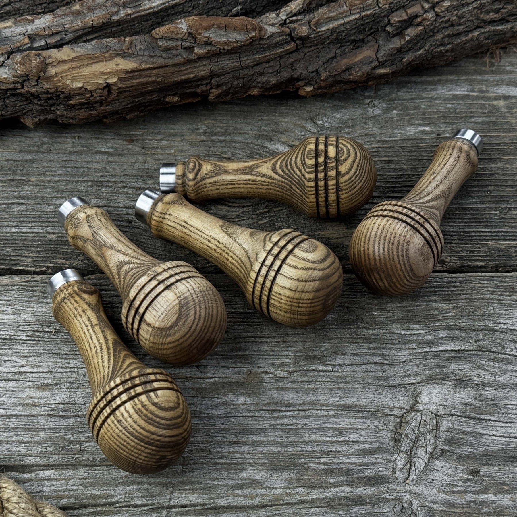 Set of 5 Ash Wood Replacement Handles with Aluminum Rings detail view by Sharky Forged Steel Tools