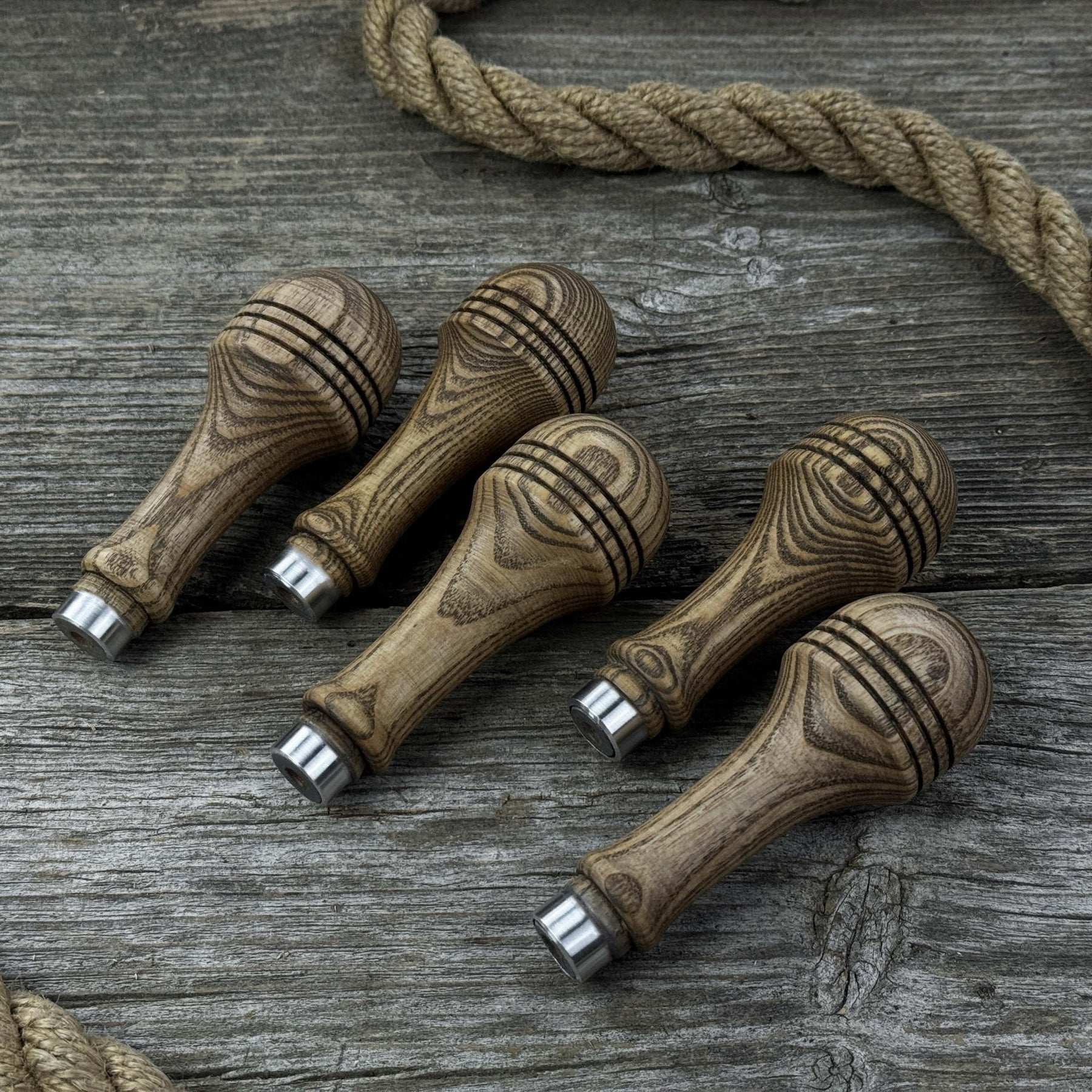 Set of 5 Ash Wood Replacement Handles with Aluminum Rings detail view by Sharky Forged Steel Tools