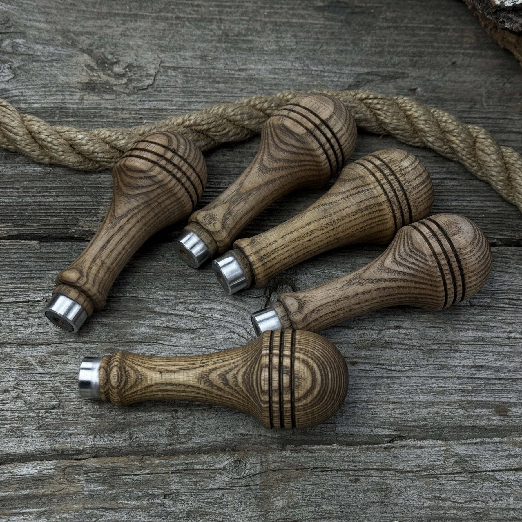 Set of 5 Ash Wood Replacement Handles with Aluminum Rings detail view by Sharky Forged Steel Tools