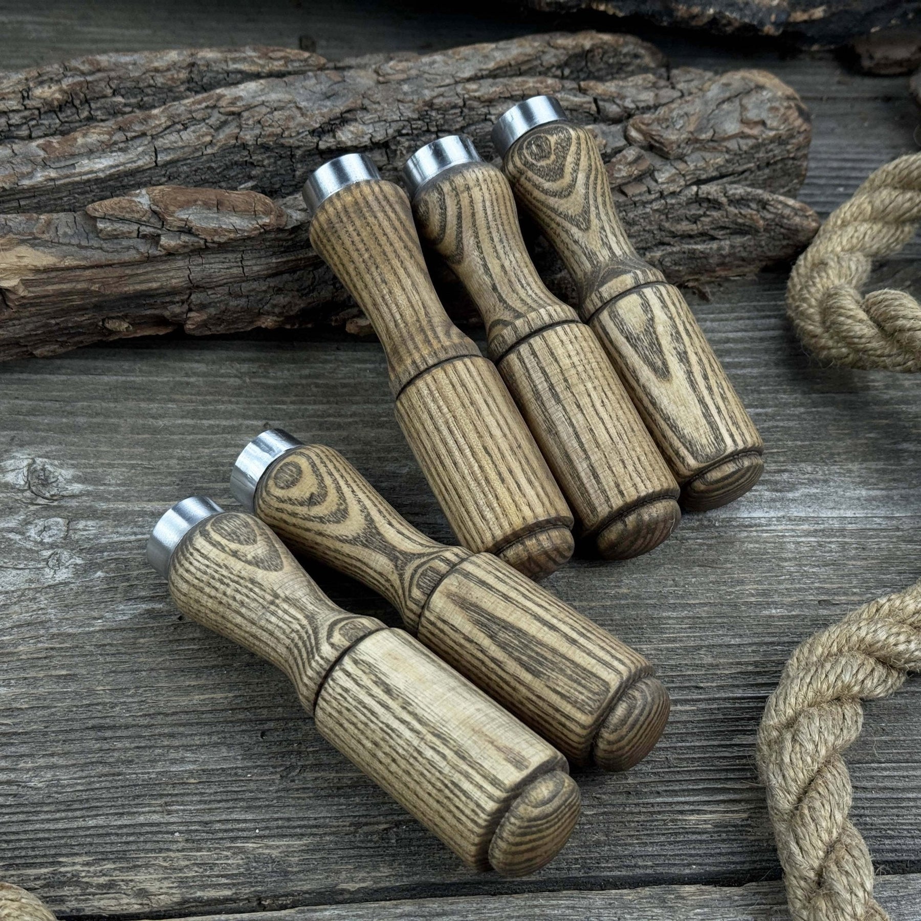 Set of 5 Ash Wood Tool Handles with Aluminum Rings detail view by Sharky Forged Steel Tools