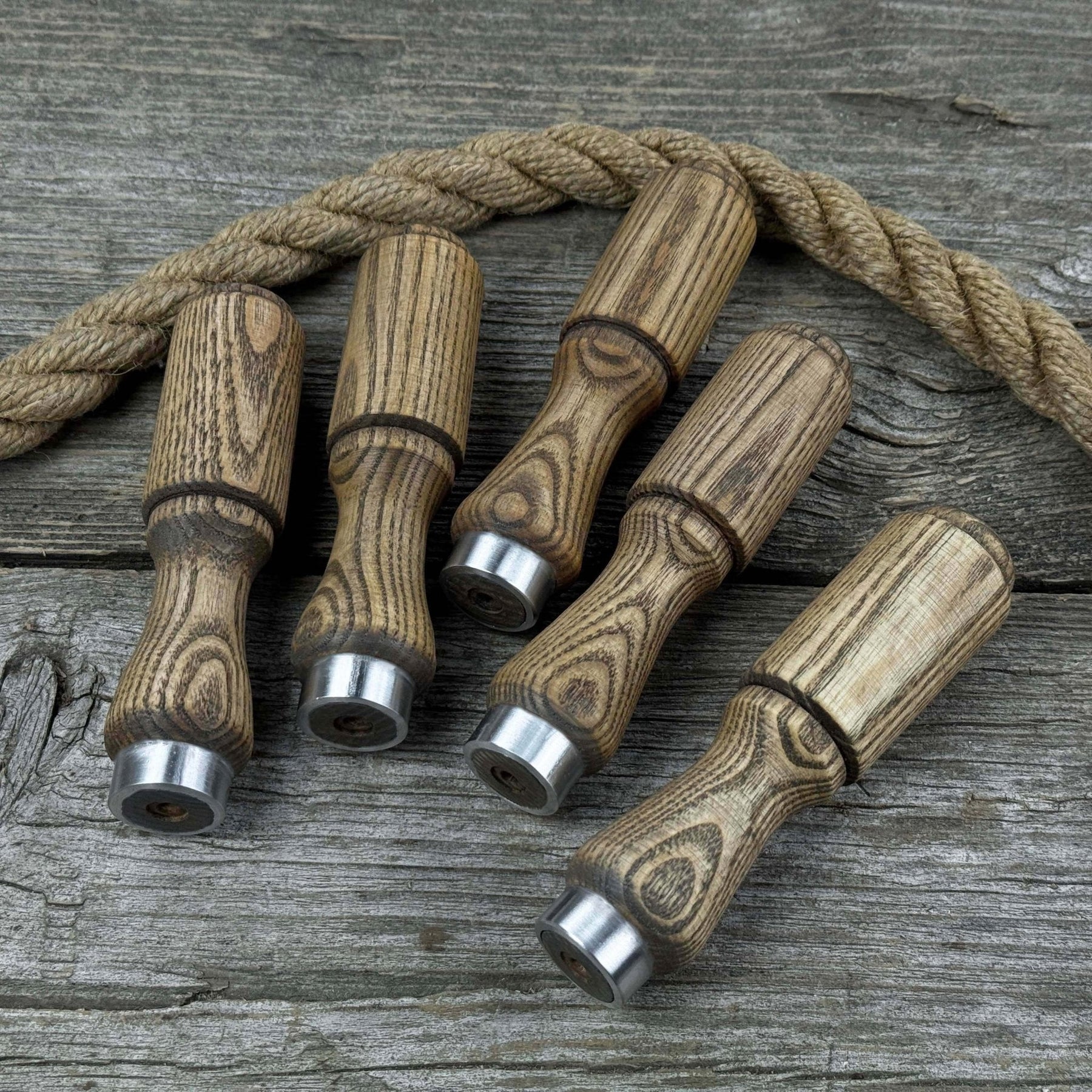 Set of 5 Ash Wood Tool Handles with Aluminum Rings detail view by Sharky Forged Steel Tools