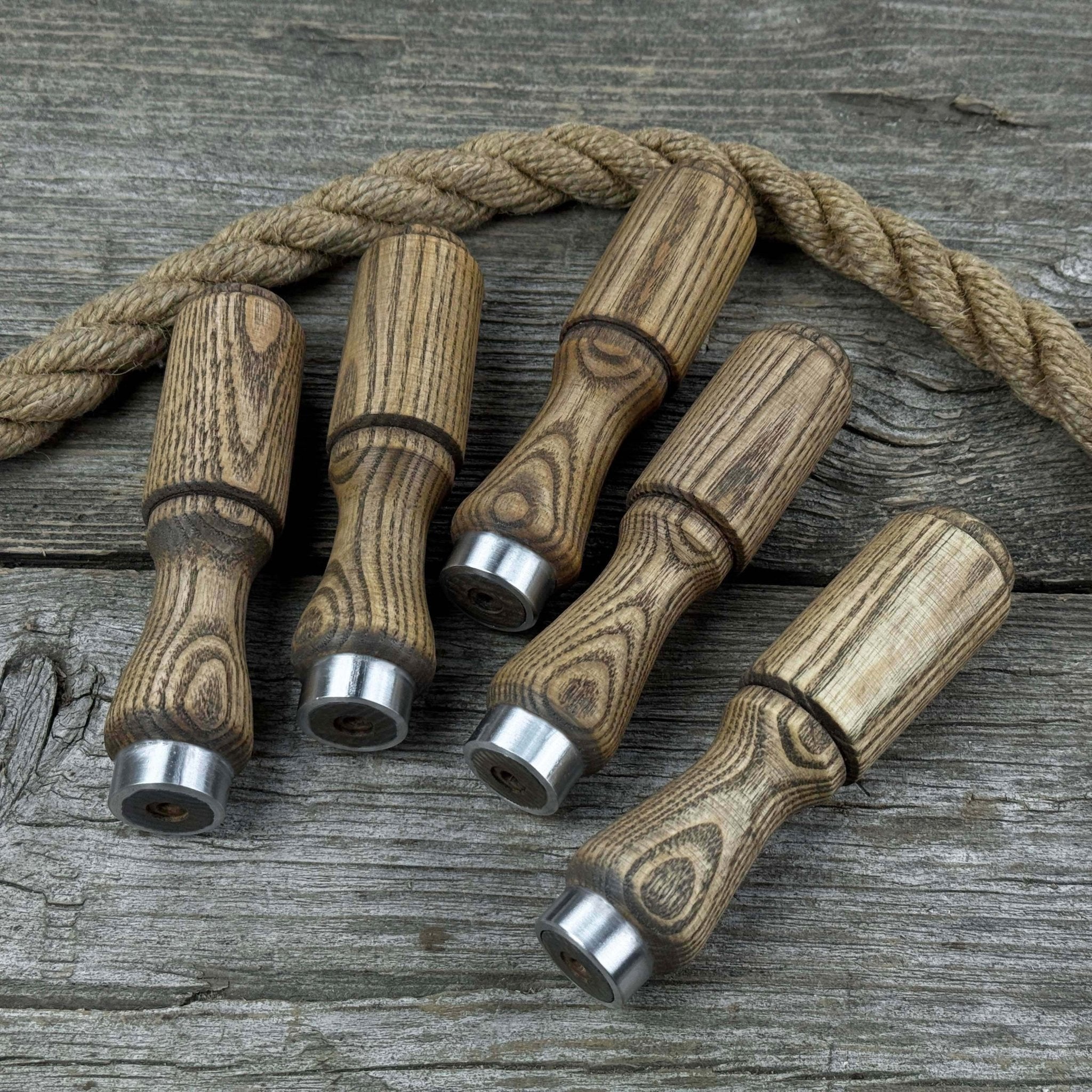 Set of 5 Ash Wood Tool Handles with Aluminum Rings detail view by Sharky Forged Steel Tools