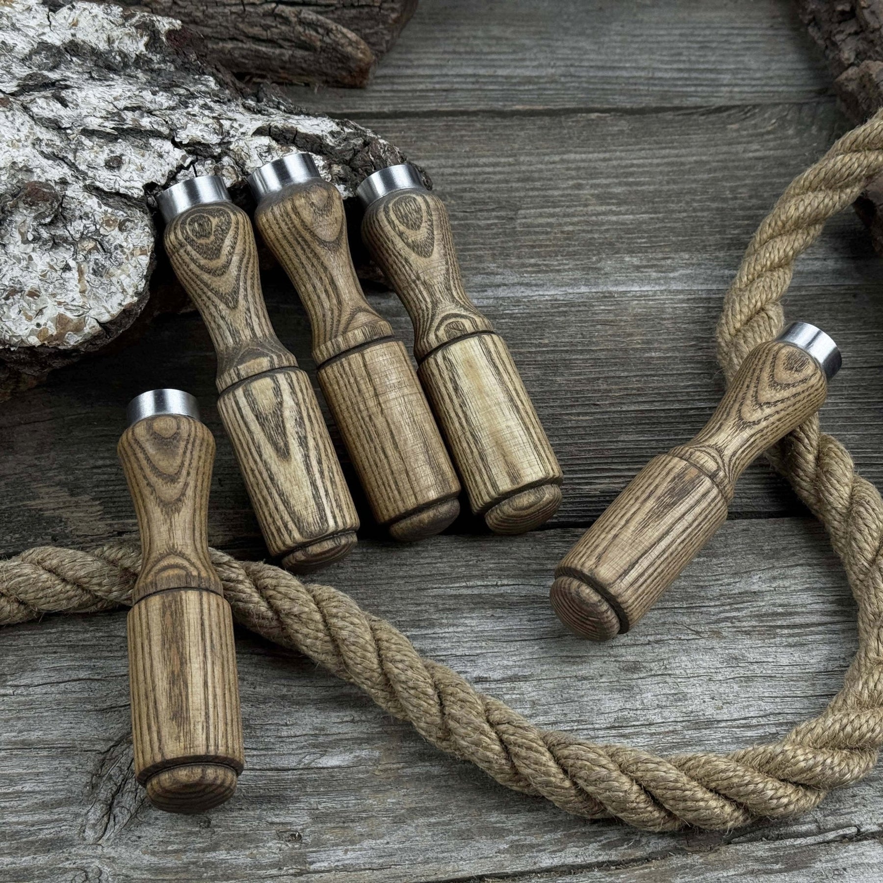 Set of 5 Ash Wood Tool Handles with Aluminum Rings detail view by Sharky Forged Steel Tools