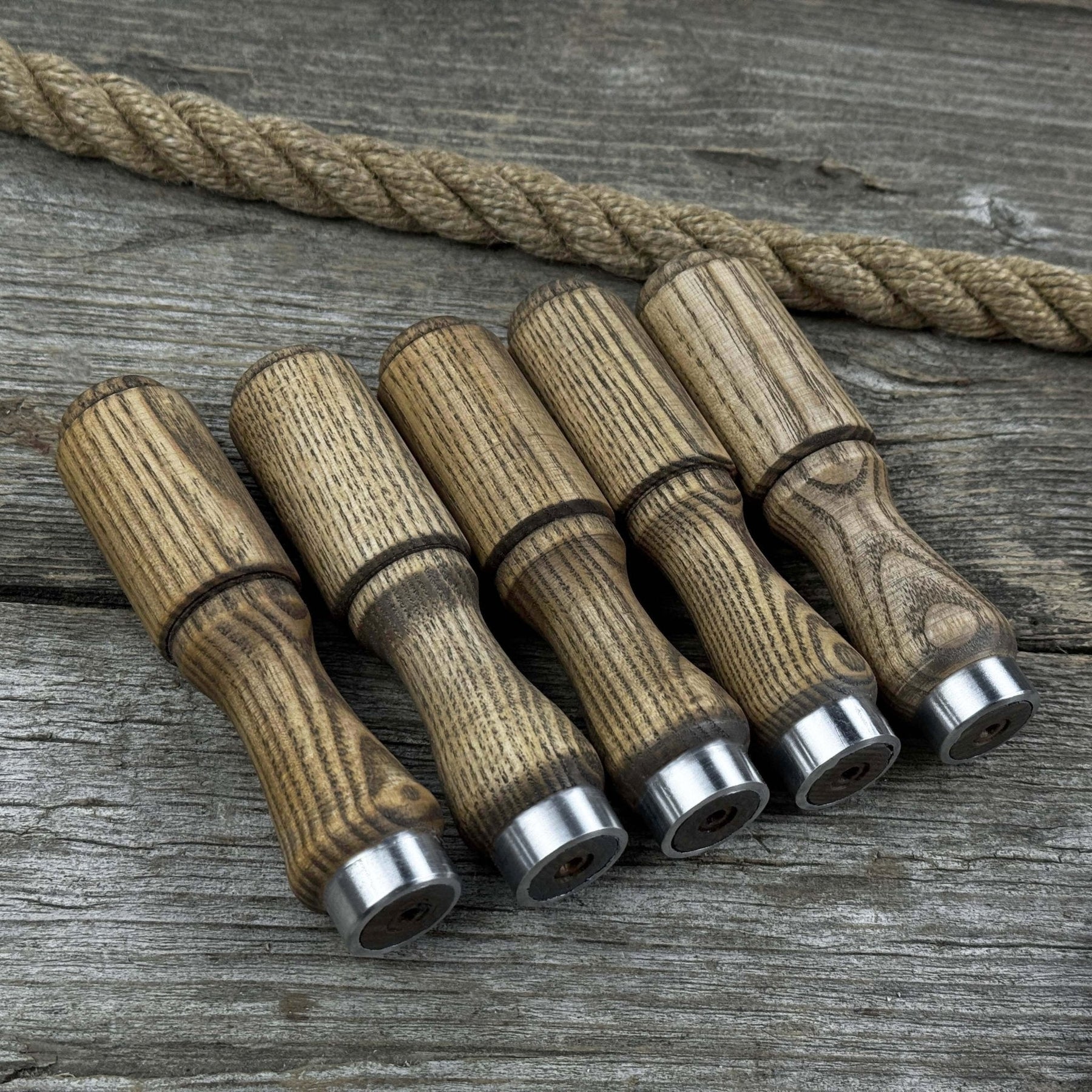 Set of 5 Ash Wood Tool Handles with Aluminum Rings detail view by Sharky Forged Steel Tools