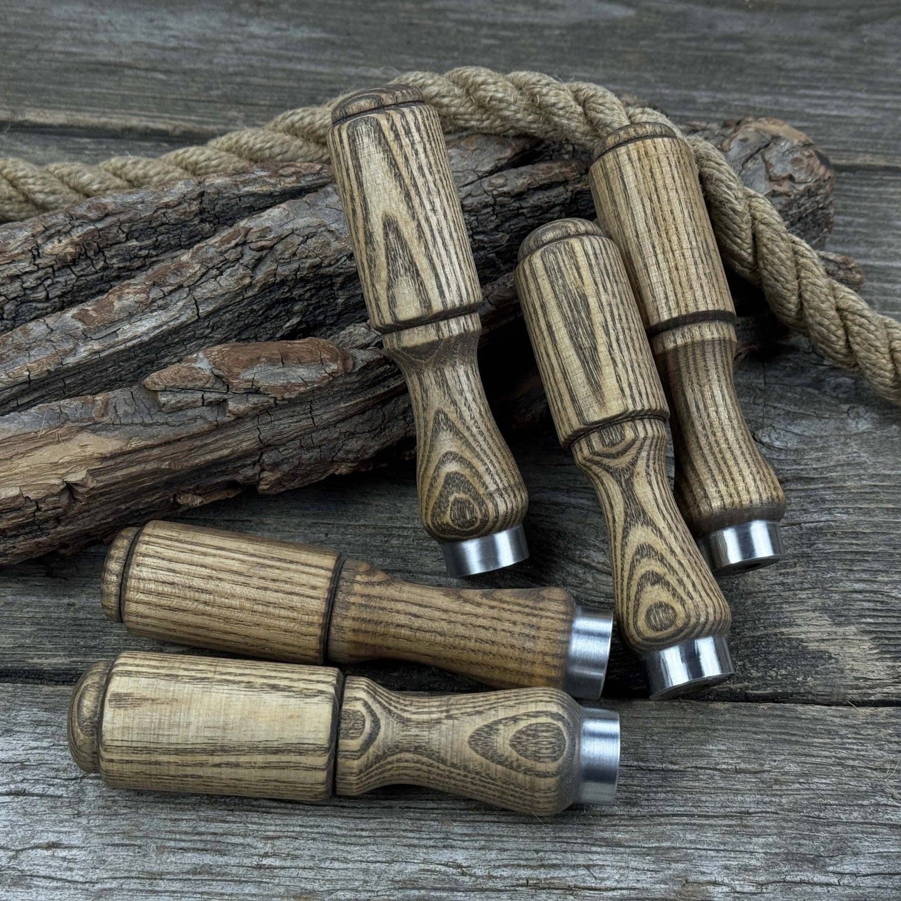 Set of 5 Ash Wood Tool Handles with Aluminum Rings by Sharky Forged Steel Tools