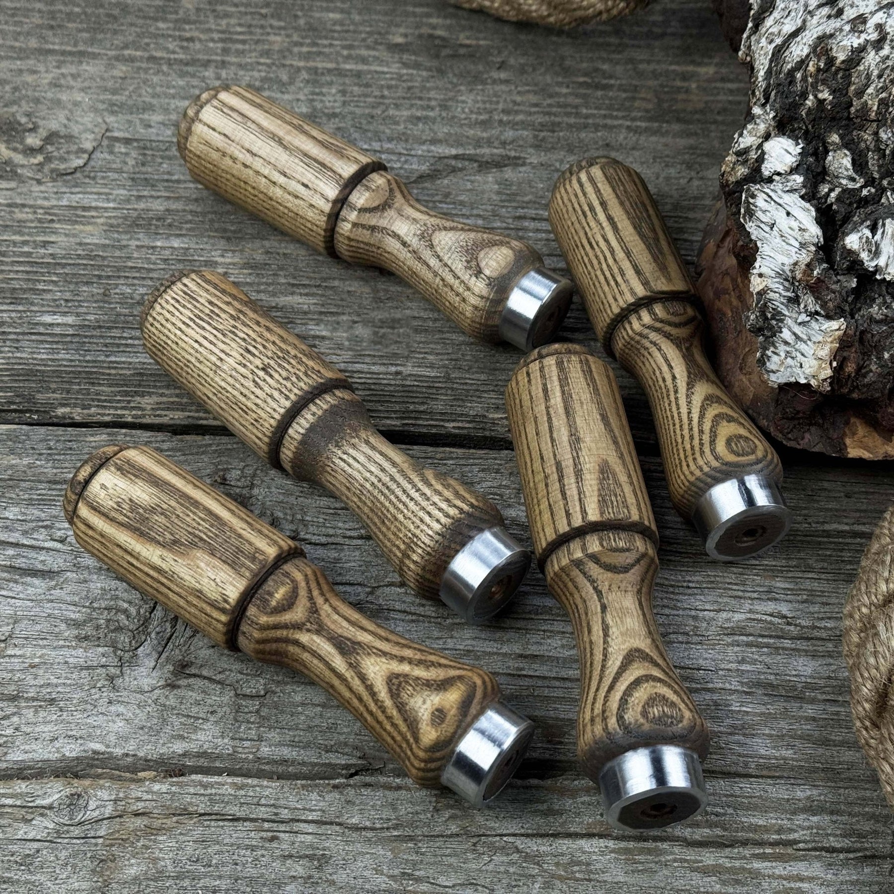 Set of 5 Ash Wood Tool Handles with Aluminum Rings detail view by Sharky Forged Steel Tools