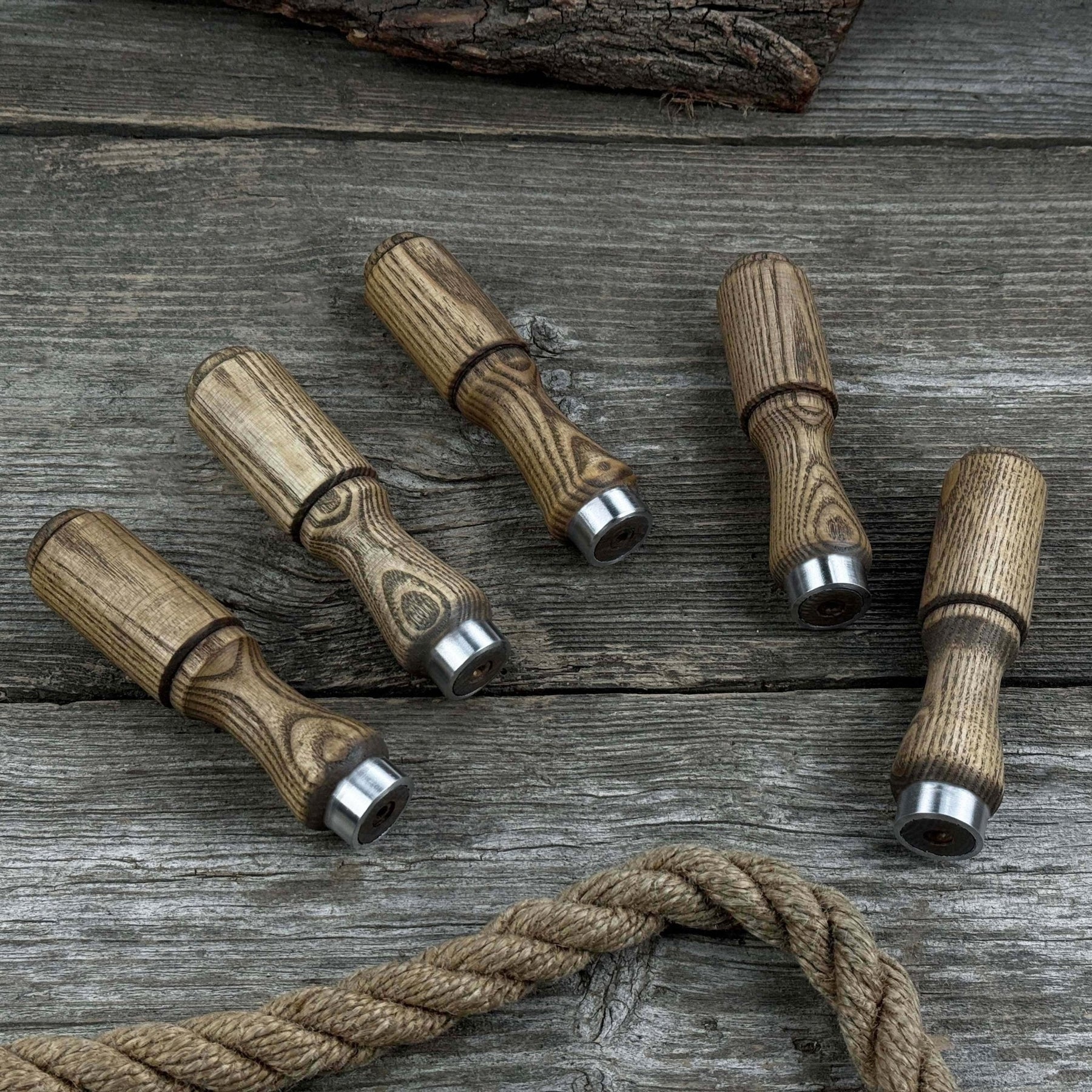Set of 5 Ash Wood Tool Handles with Aluminum Rings detail view by Sharky Forged Steel Tools