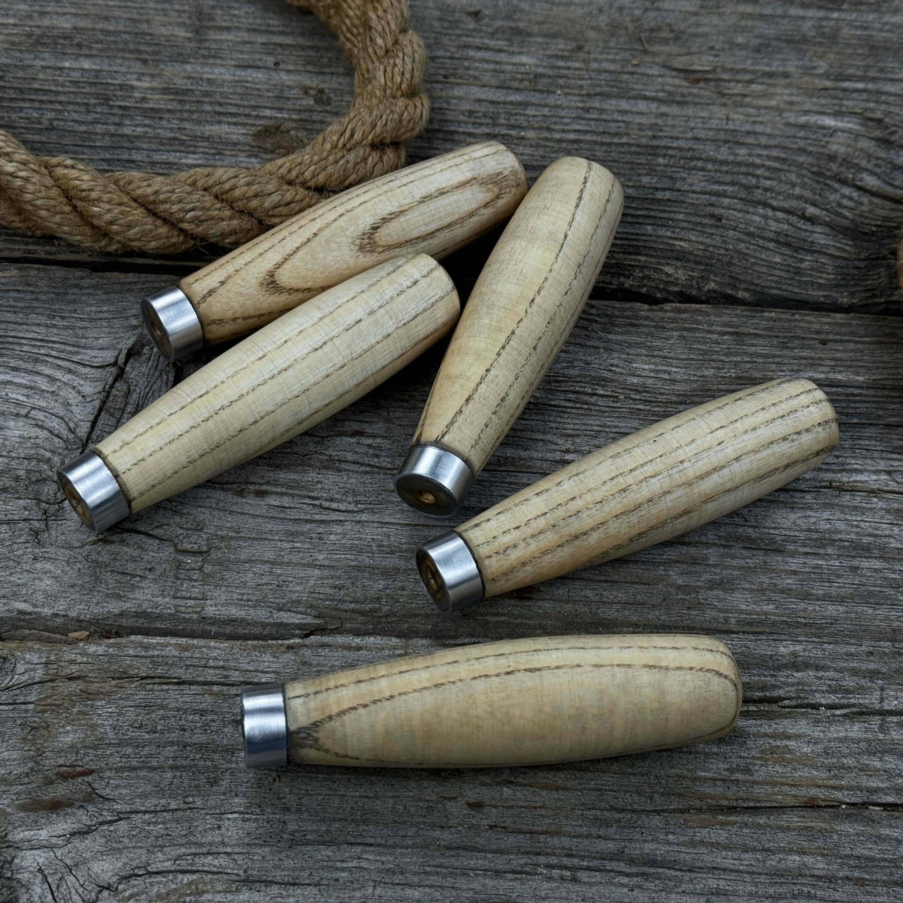 Set of 5 Compact Ash Wood Handles detail view by Sharky Forged Steel Tools