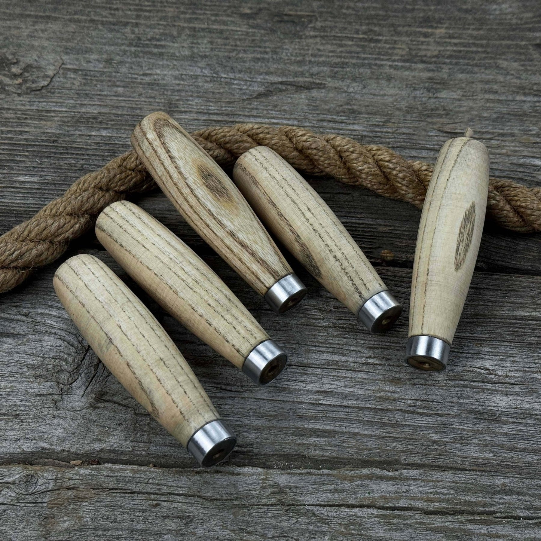 Set of 5 Compact Ash Wood Handles detail view by Sharky Forged Steel Tools