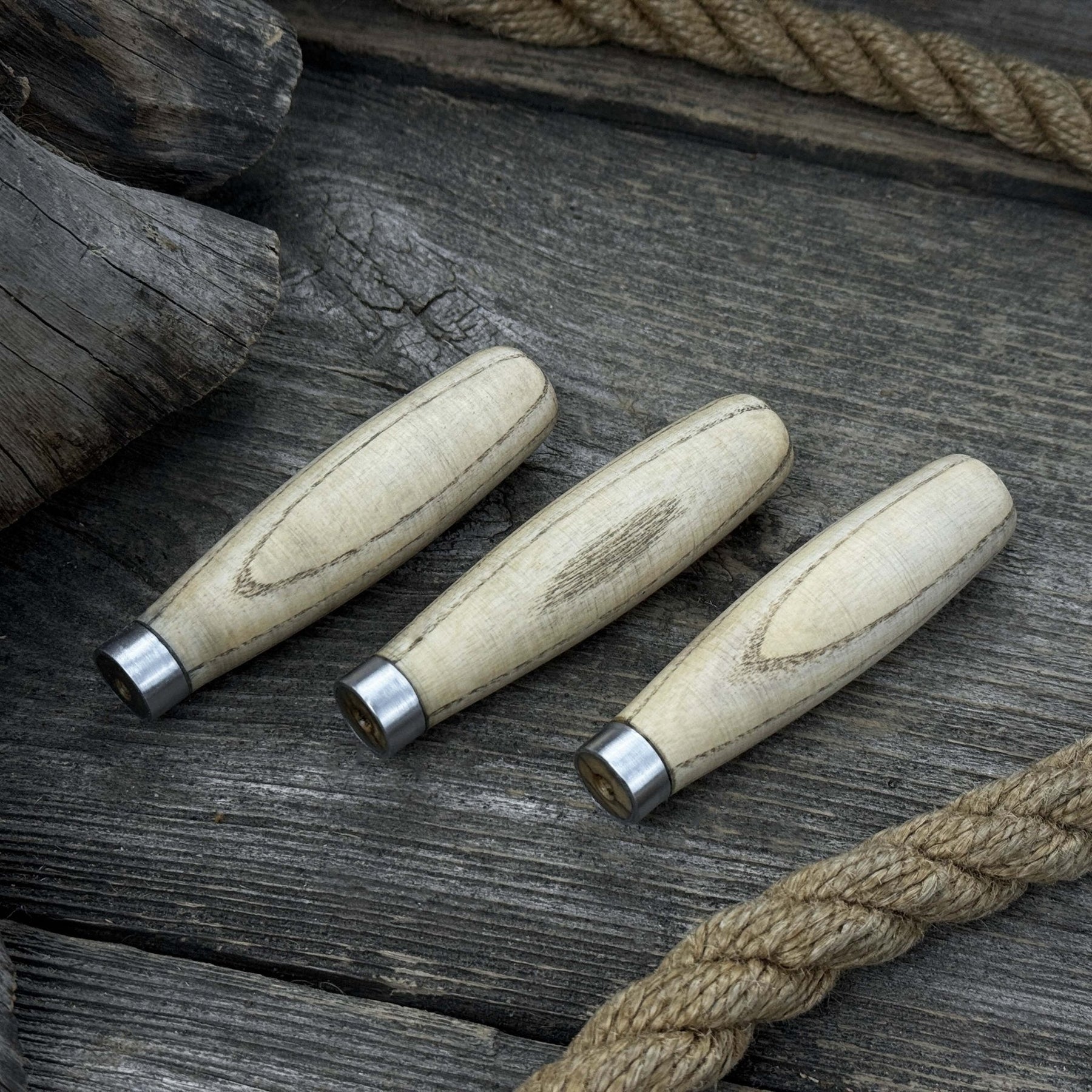 Set of 5 Compact Ash Wood Handles detail view by Sharky Forged Steel Tools