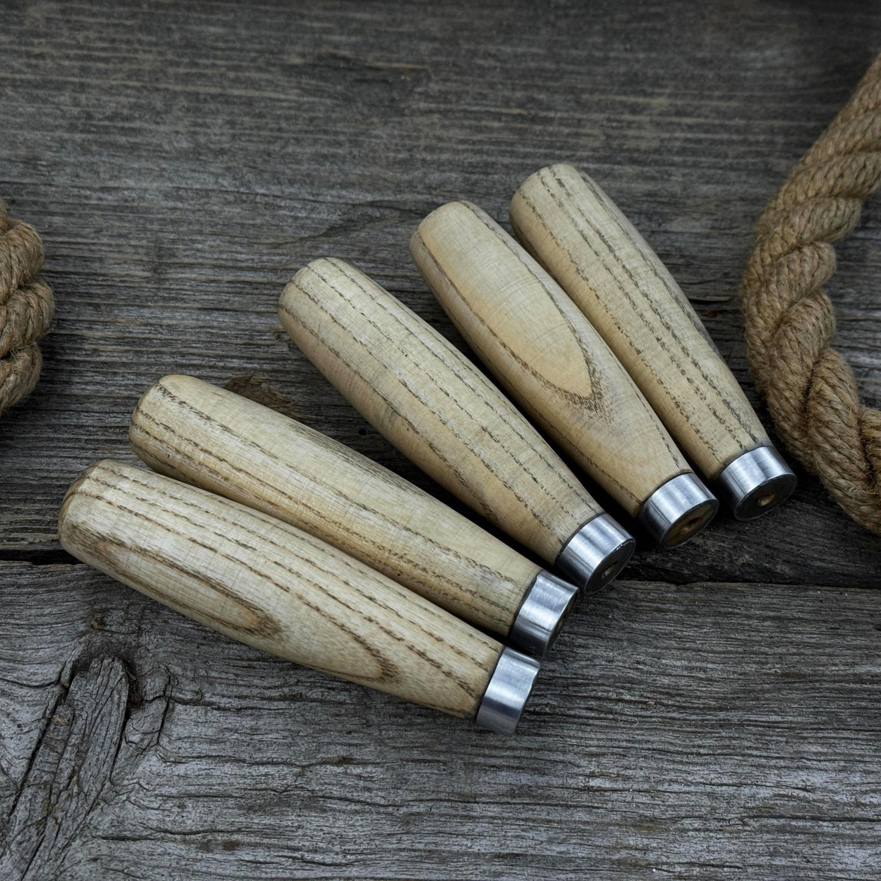 Set of 5 Compact Ash Wood Handles detail view by Sharky Forged Steel Tools