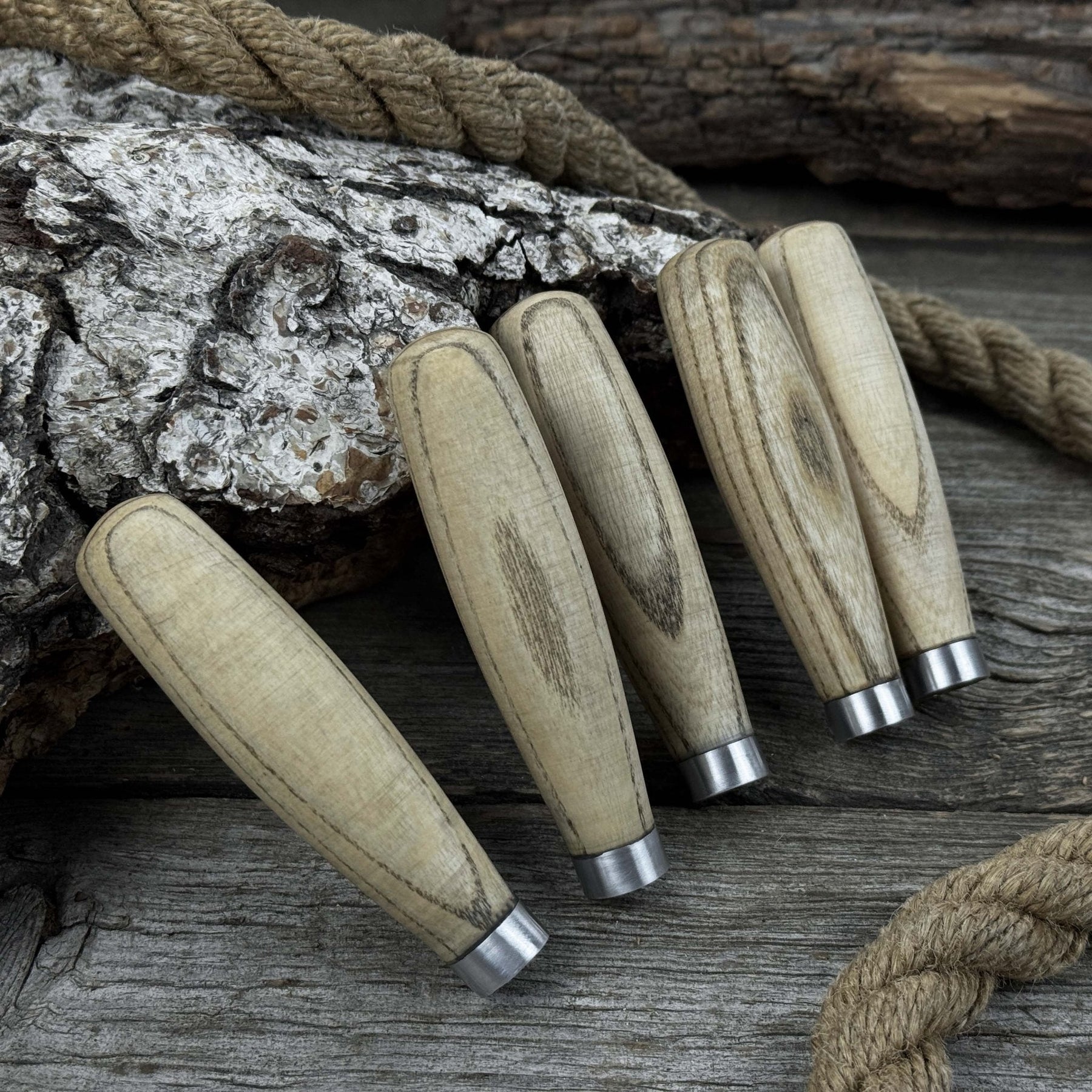 Set of 5 Compact Ash Wood Handles detail view by Sharky Forged Steel Tools