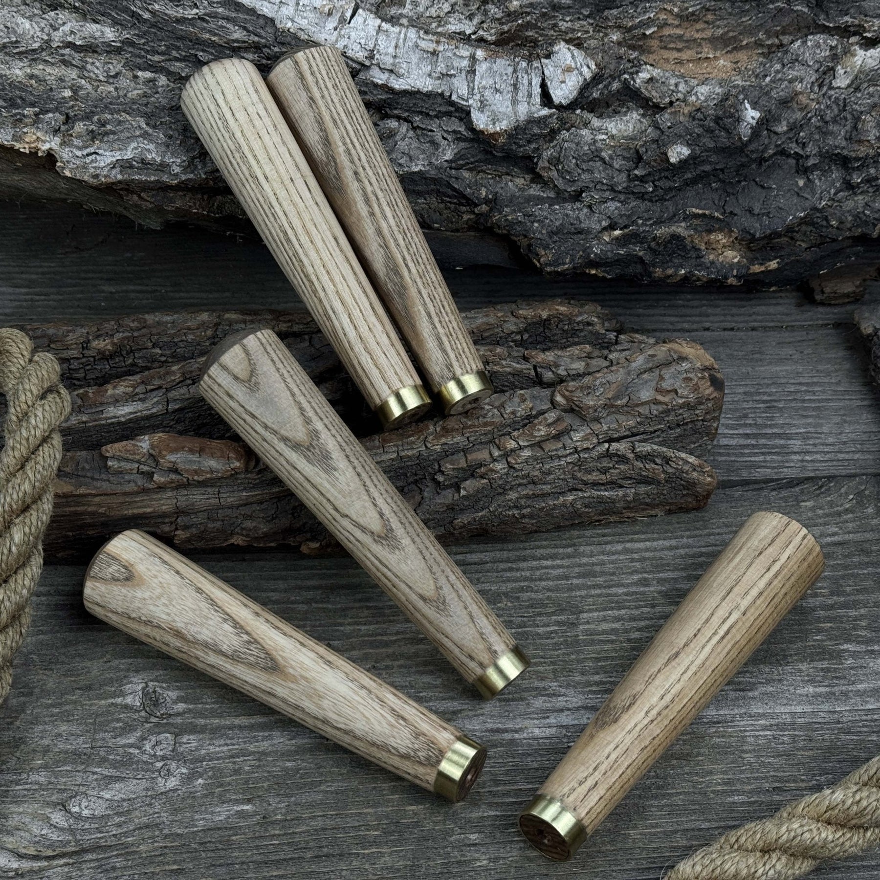 Set of 5 Tapered Ash Wood Handles with Brass Rings detail view by Sharky Forged Steel Tools
