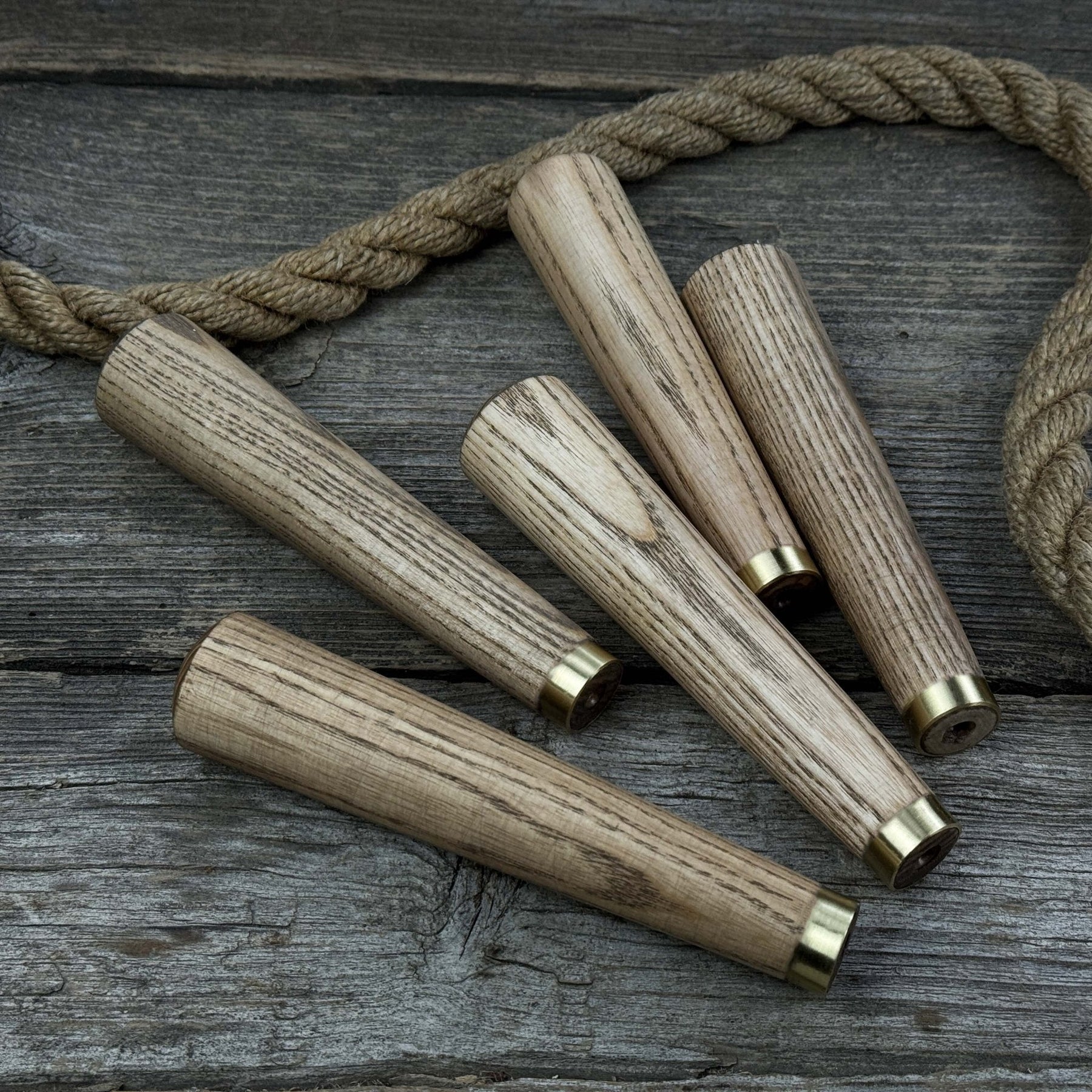 Set of 5 Tapered Ash Wood Handles with Brass Rings detail view by Sharky Forged Steel Tools