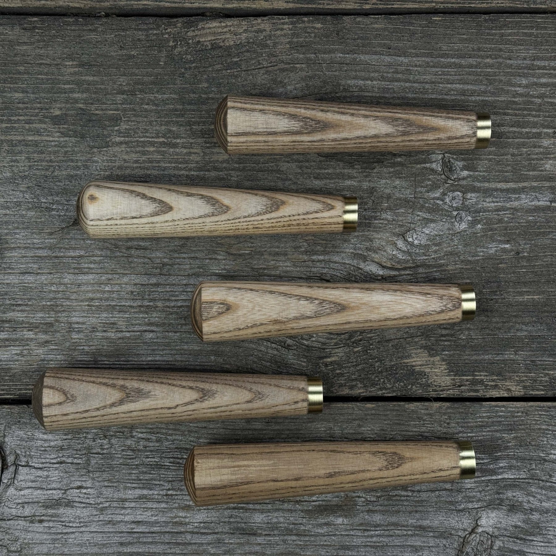 Set of 5 Tapered Ash Wood Handles with Brass Rings detail view by Sharky Forged Steel Tools