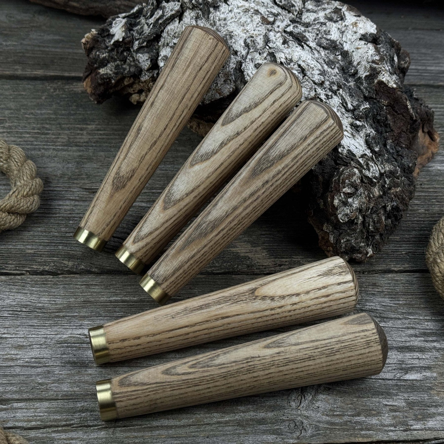 Set of 5 Tapered Ash Wood Handles with Brass Rings detail view by Sharky Forged Steel Tools