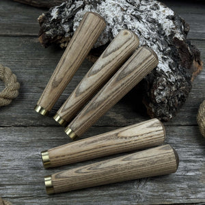 Set of 5 Tapered Ash Wood Handles with Brass Rings detail view by Sharky Forged Steel Tools