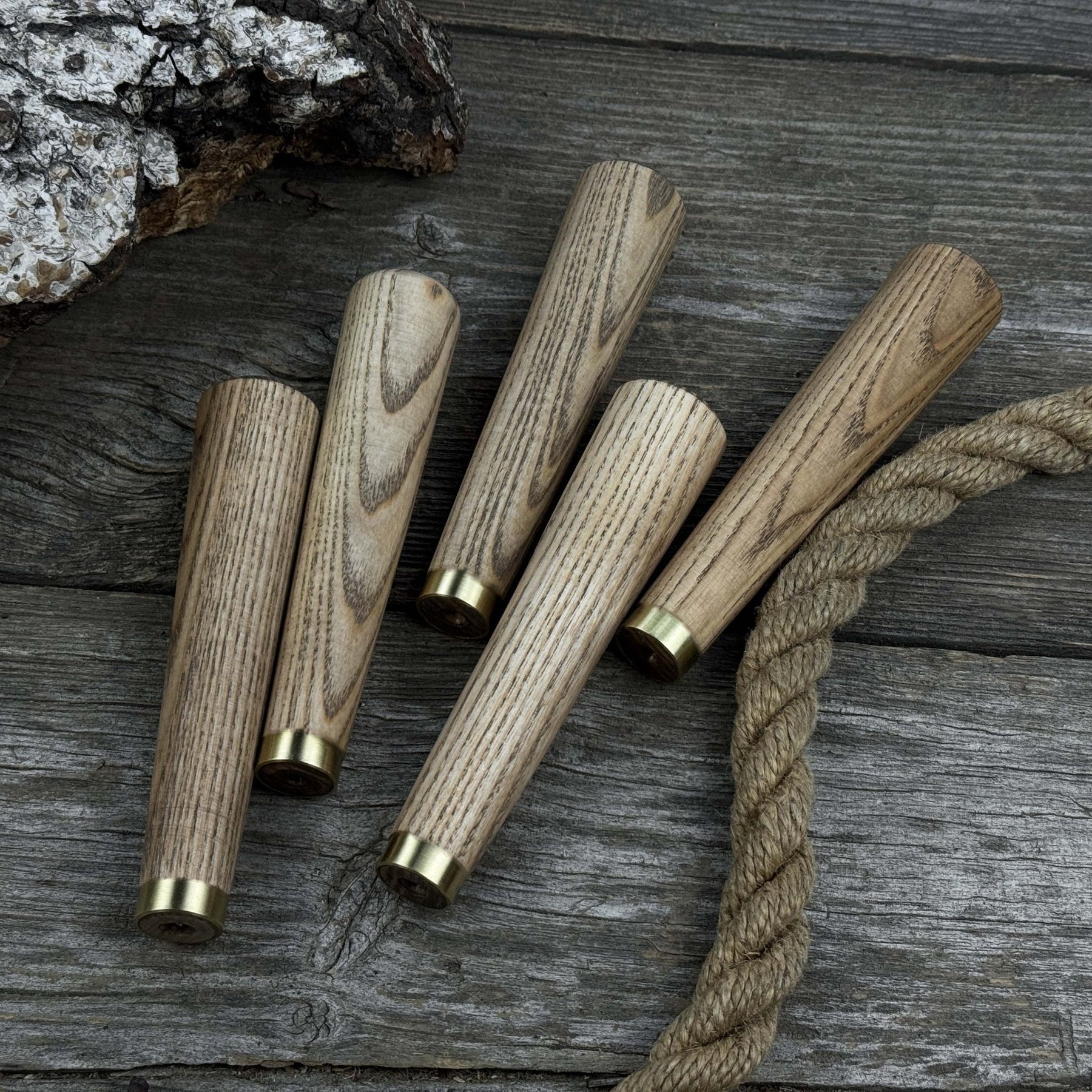 Set of 5 Tapered Ash Wood Handles with Brass Rings detail view by Sharky Forged Steel Tools