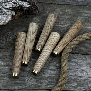 Set of 5 Tapered Ash Wood Handles with Brass Rings detail view by Sharky Forged Steel Tools