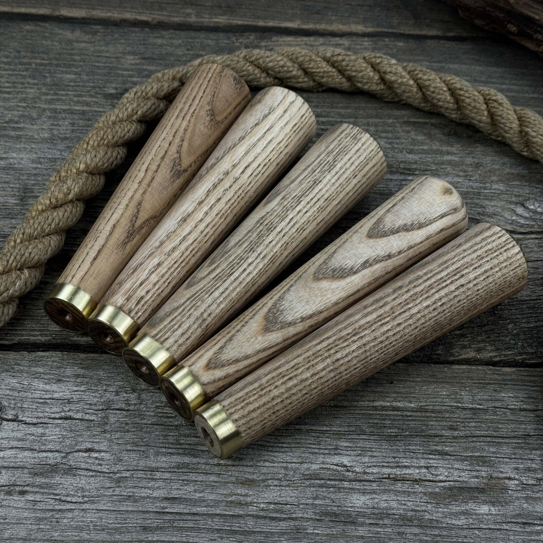 Set of 5 Tapered Ash Wood Handles with Brass Rings detail view by Sharky Forged Steel Tools