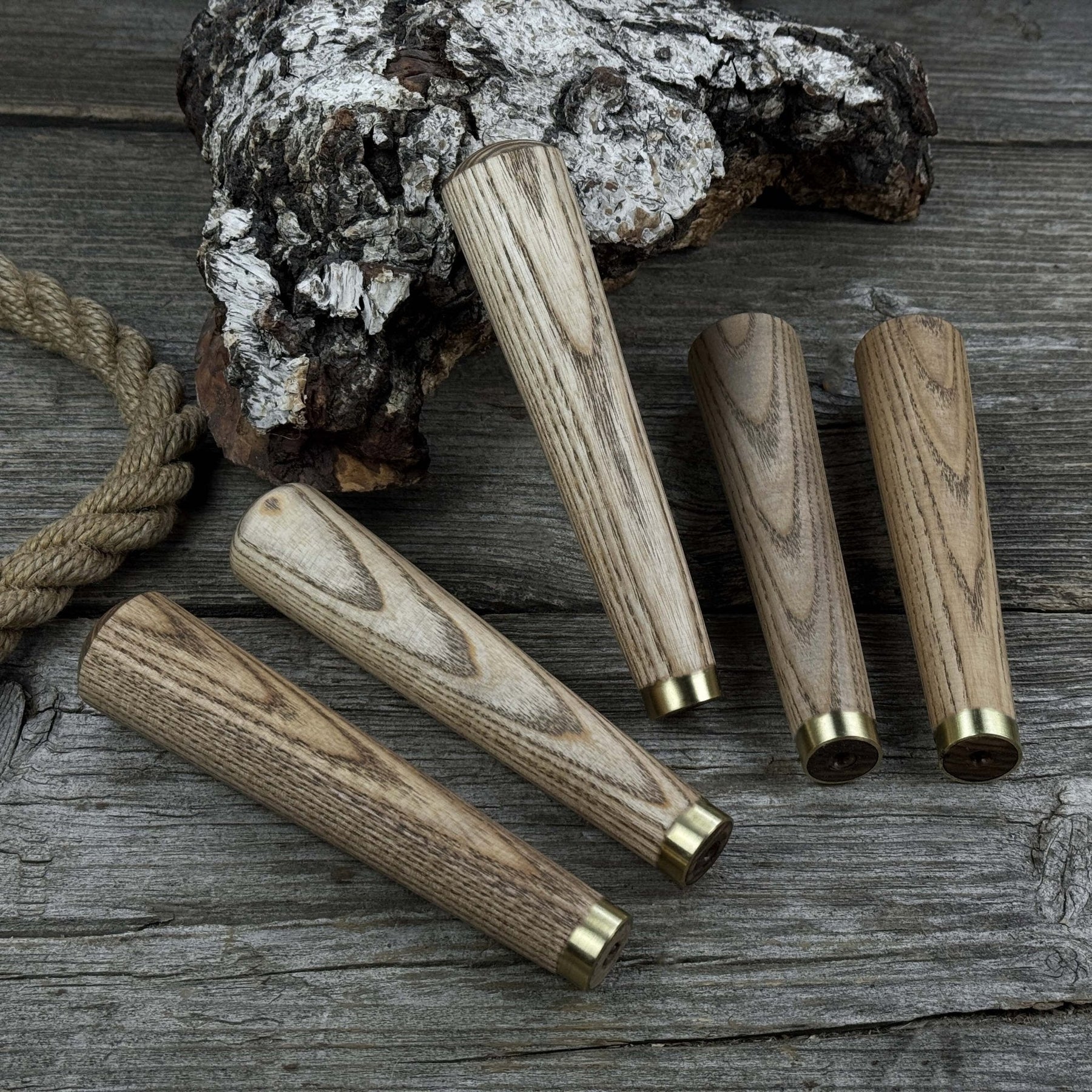 Set of 5 Tapered Ash Wood Handles with Brass Rings detail view by Sharky Forged Steel Tools