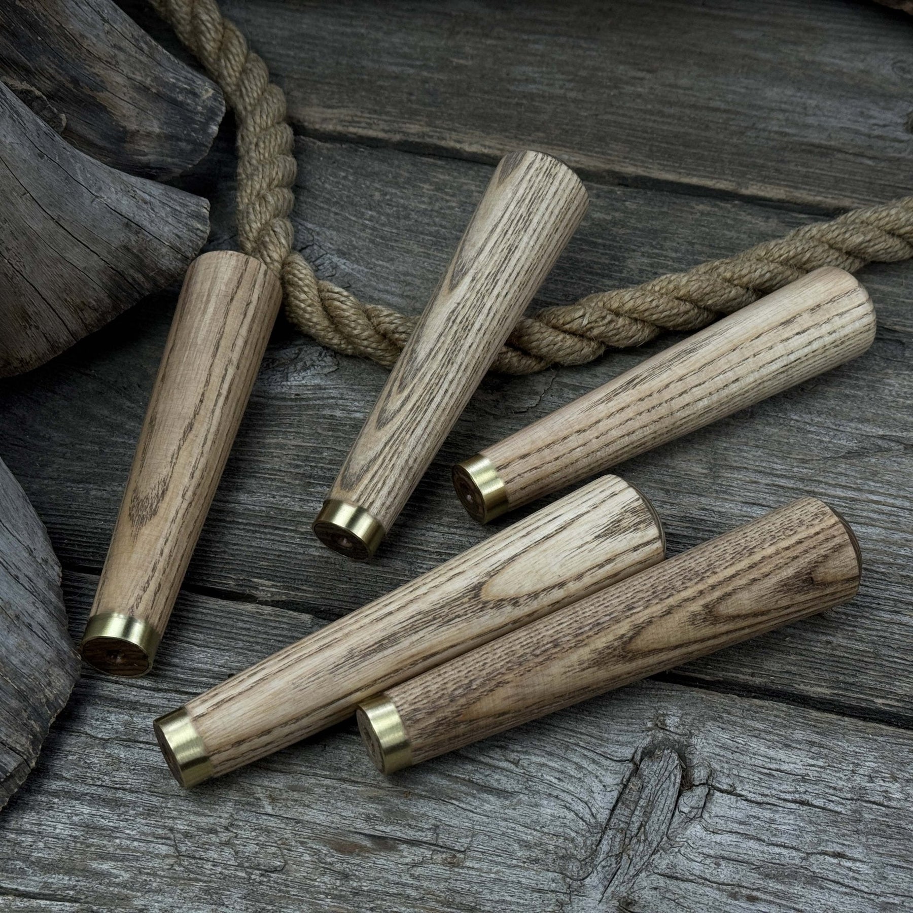 Set of 5 Tapered Ash Wood Handles with Brass Rings by Sharky Forged Steel Tools