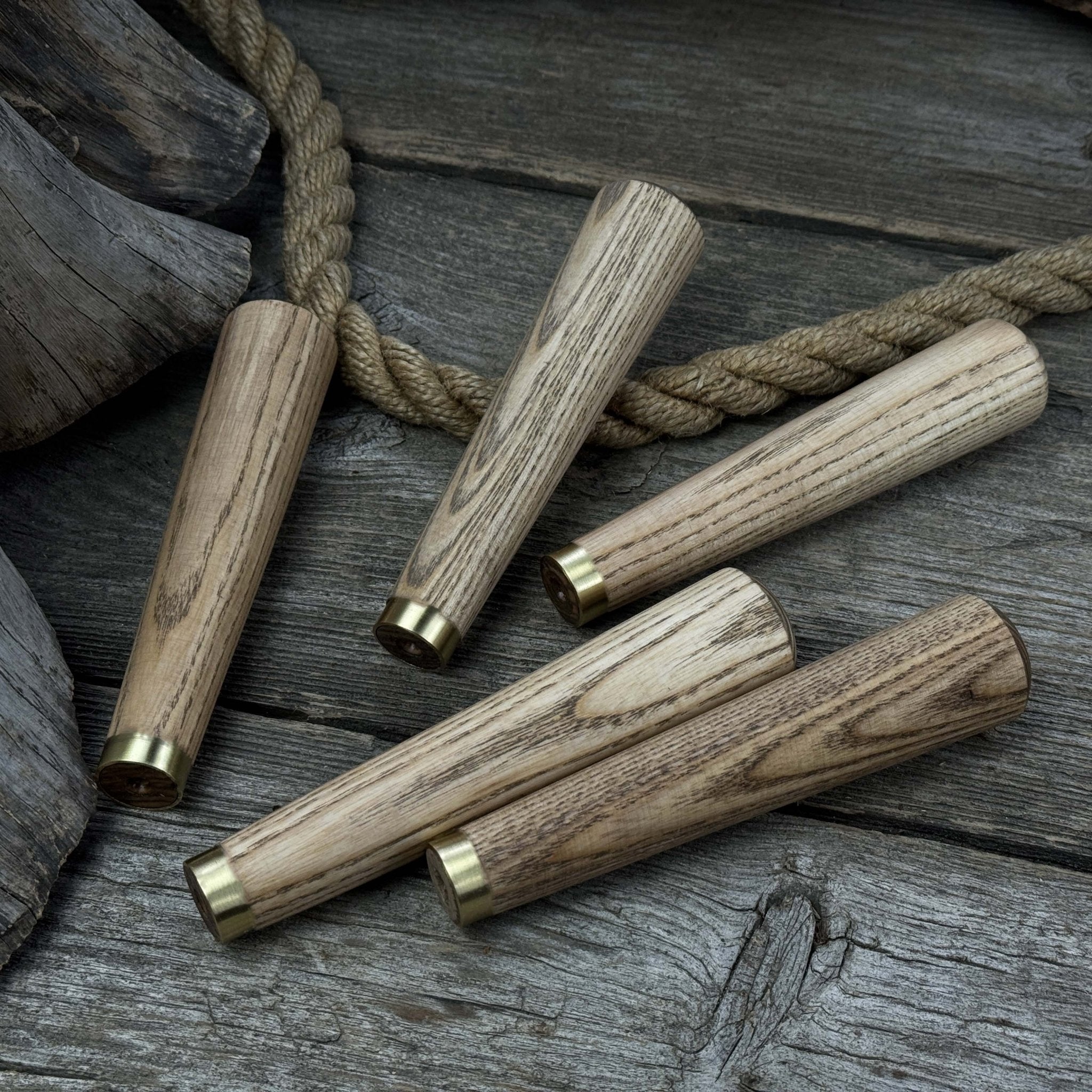 Set of 5 Tapered Ash Wood Handles with Brass Rings by Sharky Forged Steel Tools