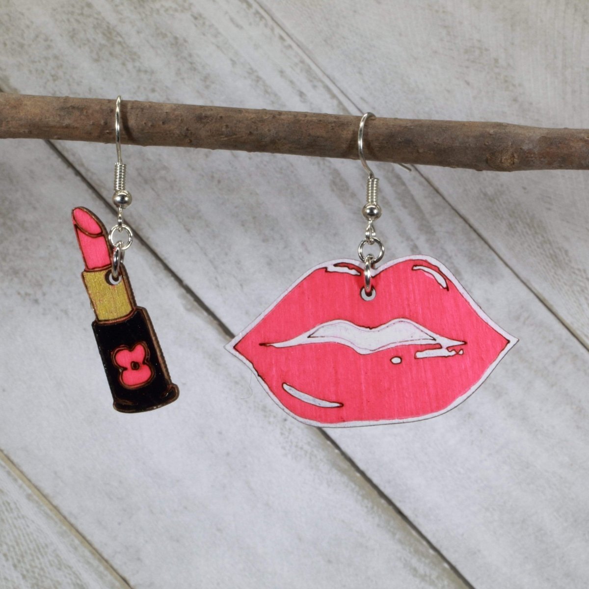 Lips and Lipstick Wooden Dangle Earrings | Glam Beauty Jewelry by Cate's Concepts, LLC