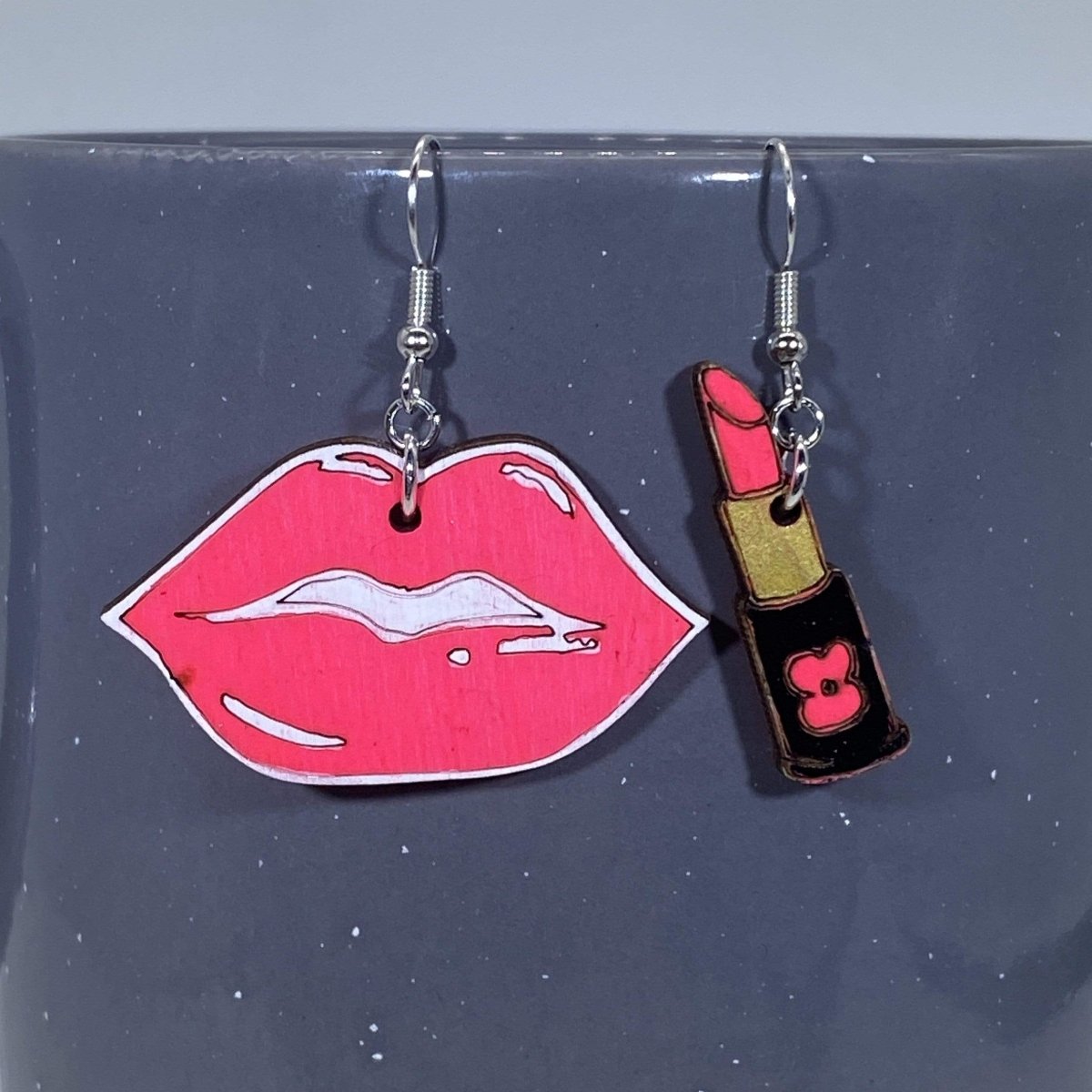 Lips and Lipstick Wooden Dangle Earrings | Glam Beauty Jewelry detail view by Cate's Concepts, LLC