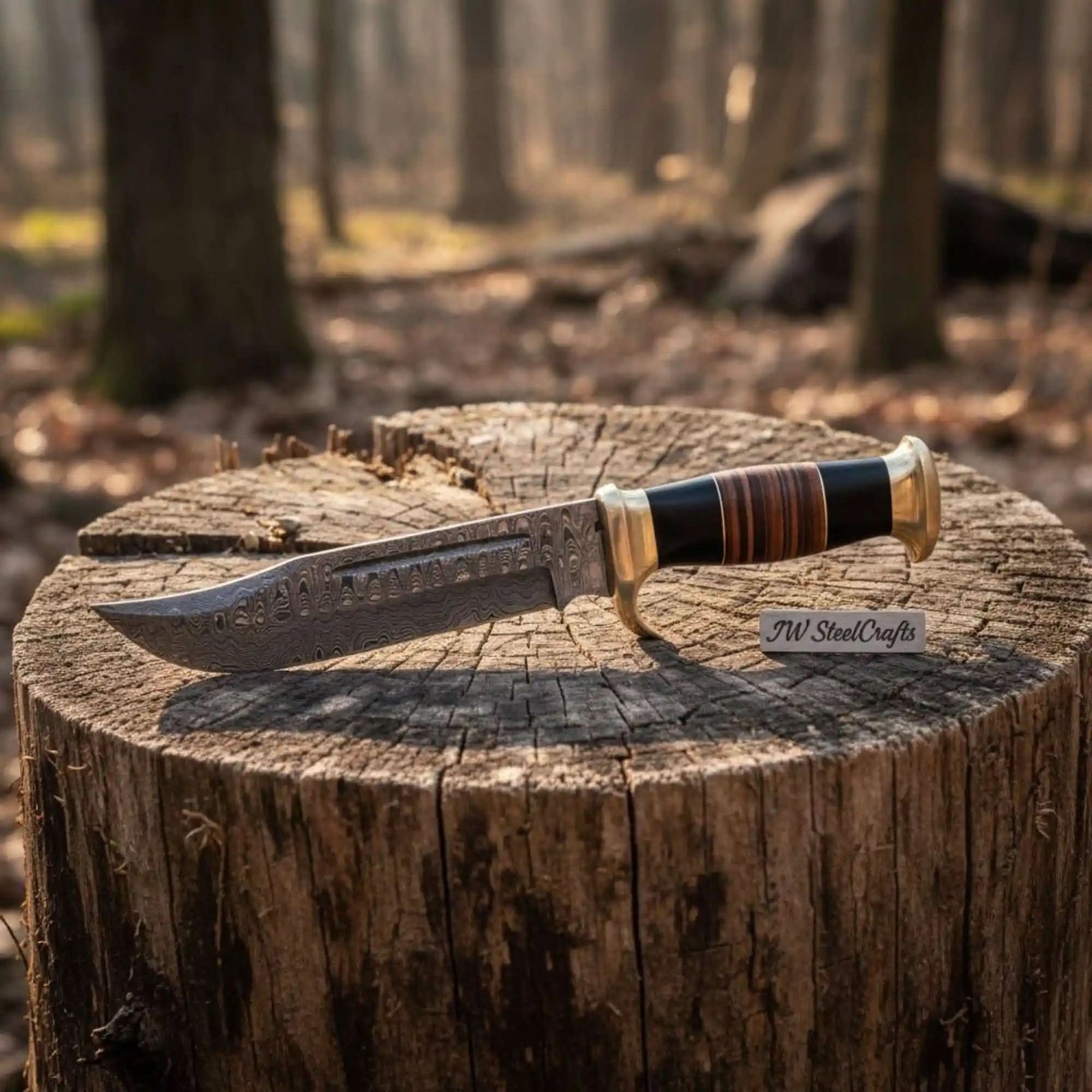 Hammer Forged Damascus Clip Point Bowie Knife with Resin & Stacked Leather Handle by JW SteelCrafts, Damascus knife main product photo
