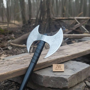 Custom Handmade Double-Headed Viking Axe with Nordic Knotwork Engravings and Cord-Wrapped Handle detail view by JW