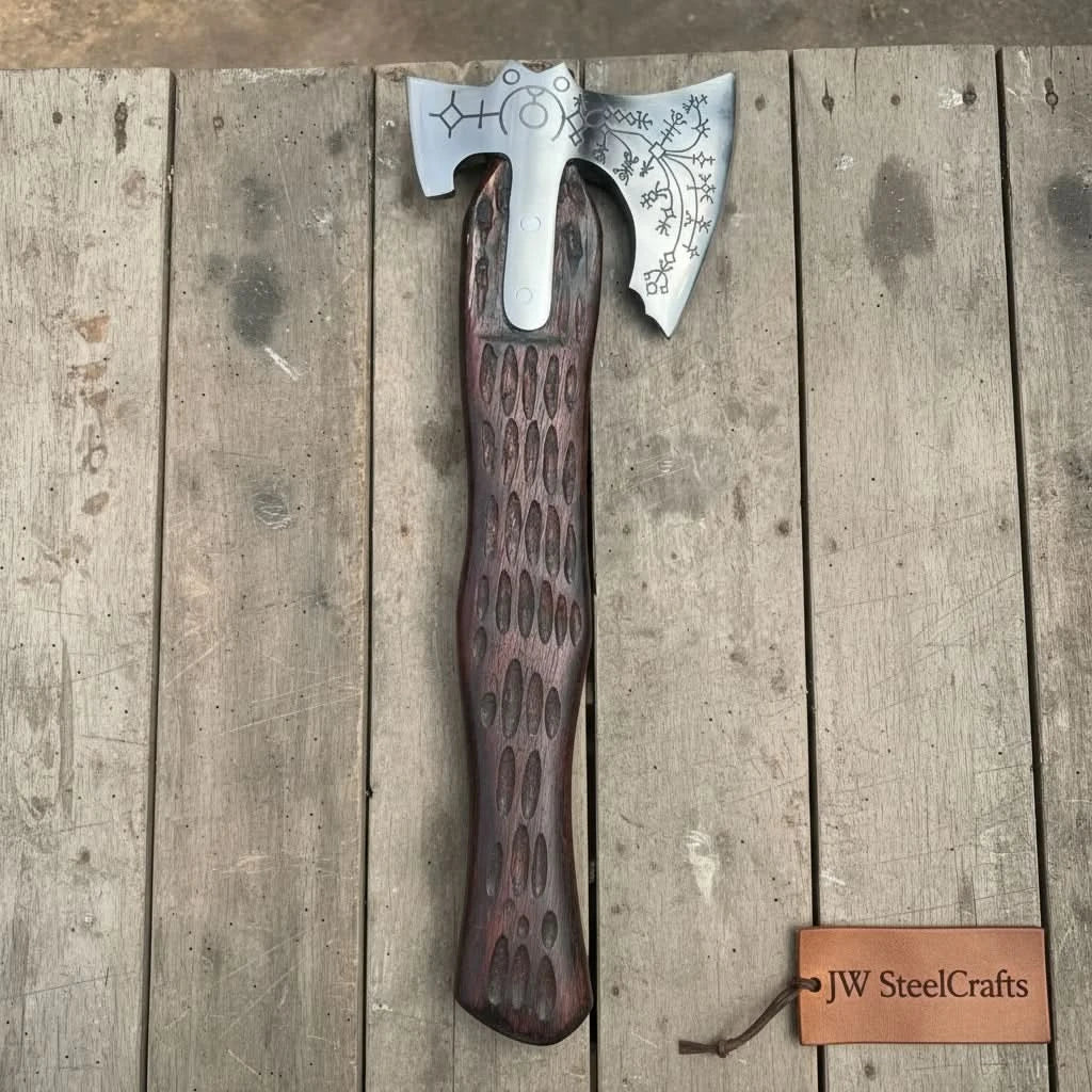 Handmade Viking Double-Bit Carbon Steel Axe with Norse Rune Etching and Engraved Hardwood Handle by JW SteelCrafts, Southern lifestyle apparel detail photo 9