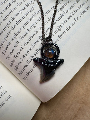 Shark Tooth and Labradorite Necklace detail view by Copper Ashes