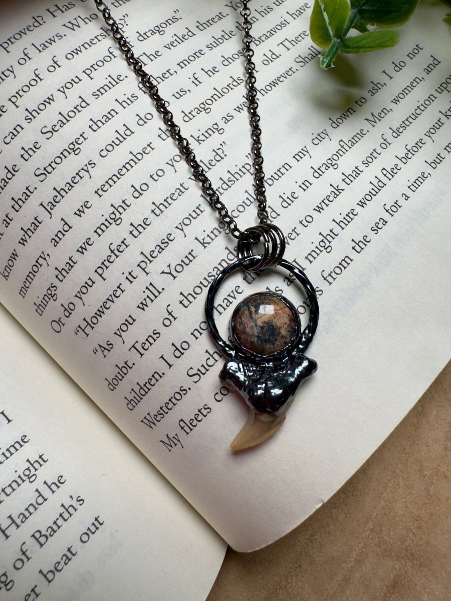 Shark Tooth and Leopard Skin Jasper Necklace by Copper Ashes