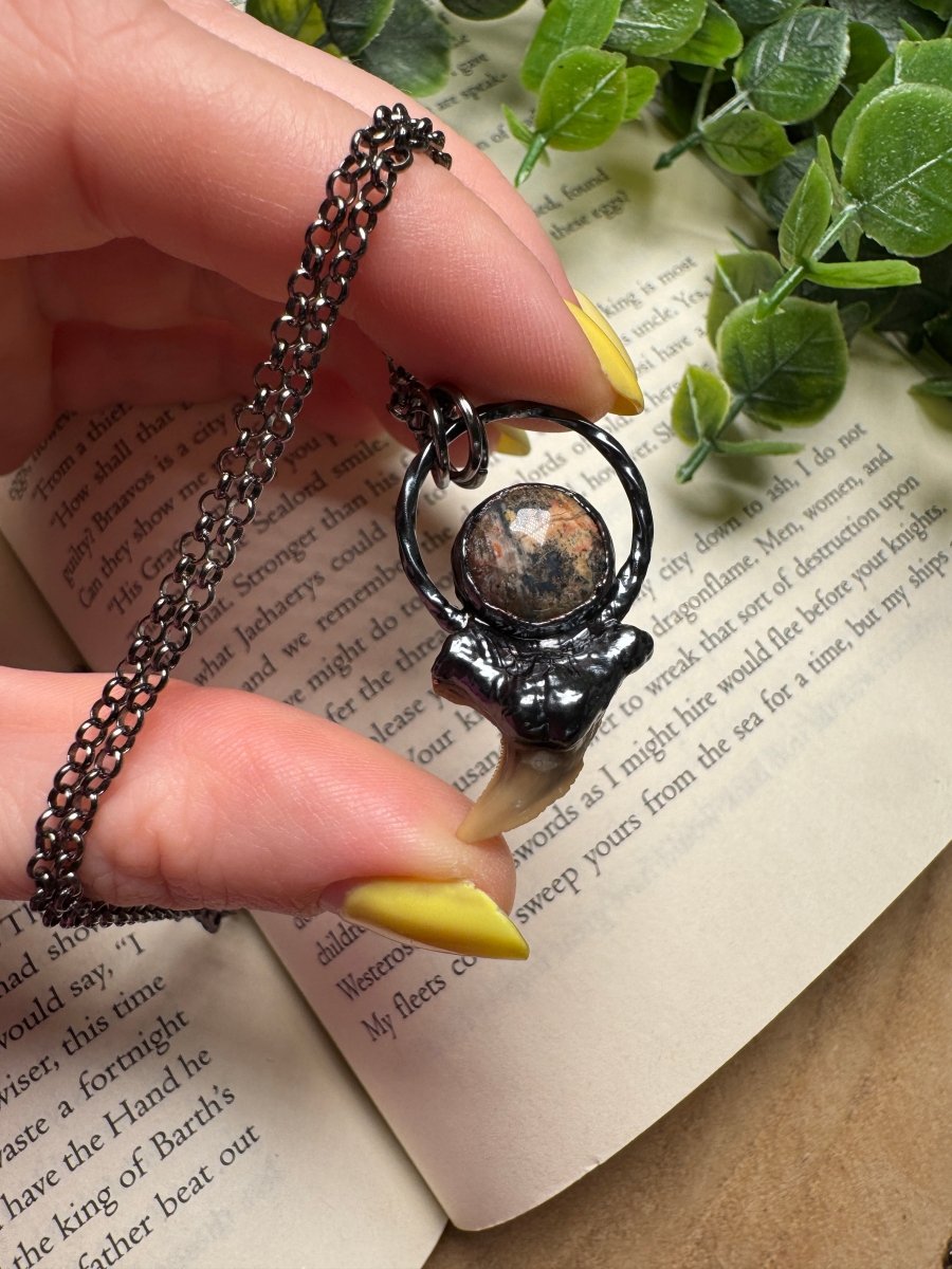 Shark Tooth and Leopard Skin Jasper Necklace detail view by Copper Ashes