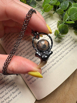 Shark Tooth and Leopard Skin Jasper Necklace detail view by Copper Ashes