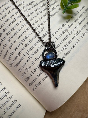 Shark Tooth and Moonstone Necklace detail view by Copper Ashes
