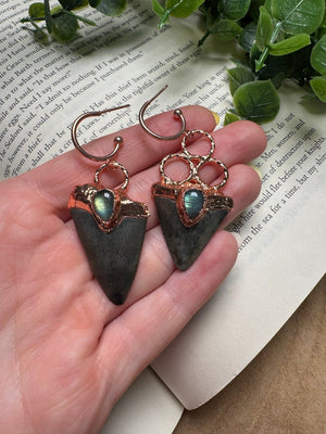 Sharks Teeth and Labradorite Earrings detail view by Copper Ashes