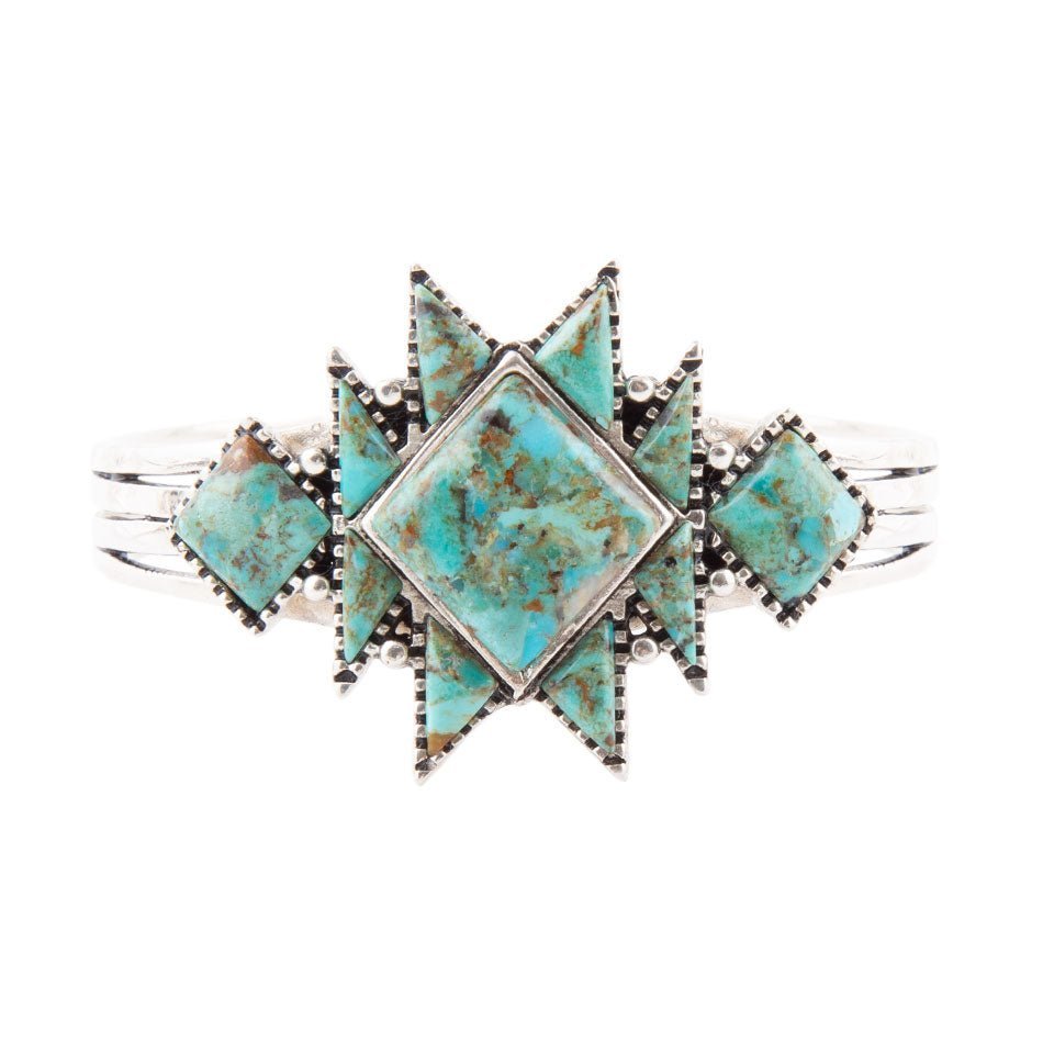 Sharp Blue Turquoise and Sterling Silver Cuff Bracelet detail view by Barse Jewelry