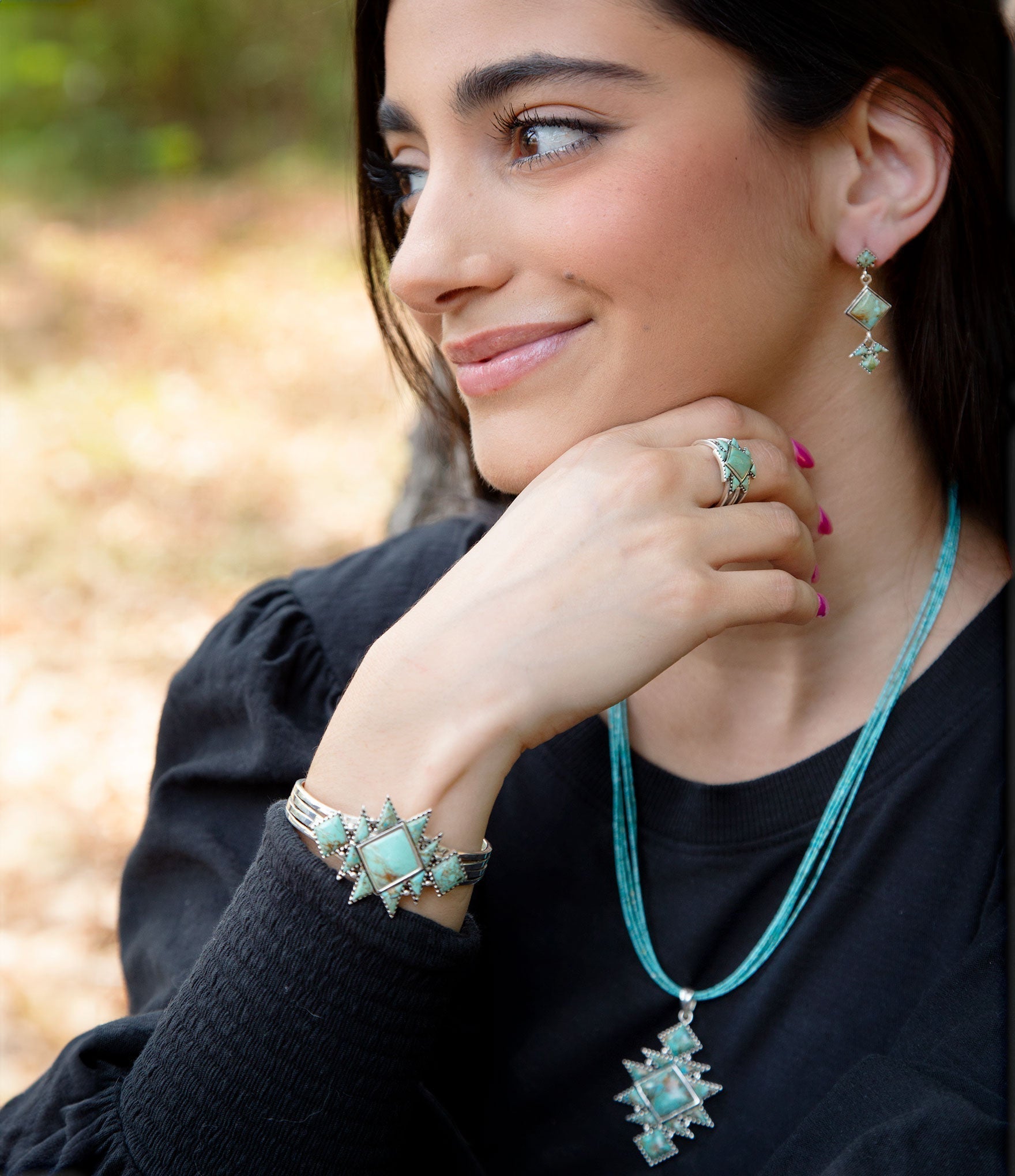 Sharp Blue Turquoise and Sterling Silver Cuff Bracelet detail view by Barse Jewelry