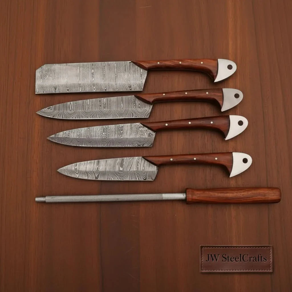 Hand-Forged Damascus Chef Knife Set with Leather Roll & Sharpening Rod - Rosewood Handle Collection by JW SteelCrafts, Damascus knife detail photo 2