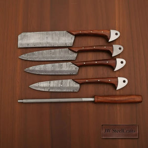 Hand-Forged Damascus Chef Knife Set with Leather Roll & Sharpening Rod - Rosewood Handle Collection by JW SteelCrafts, Damascus knife detail photo 2
