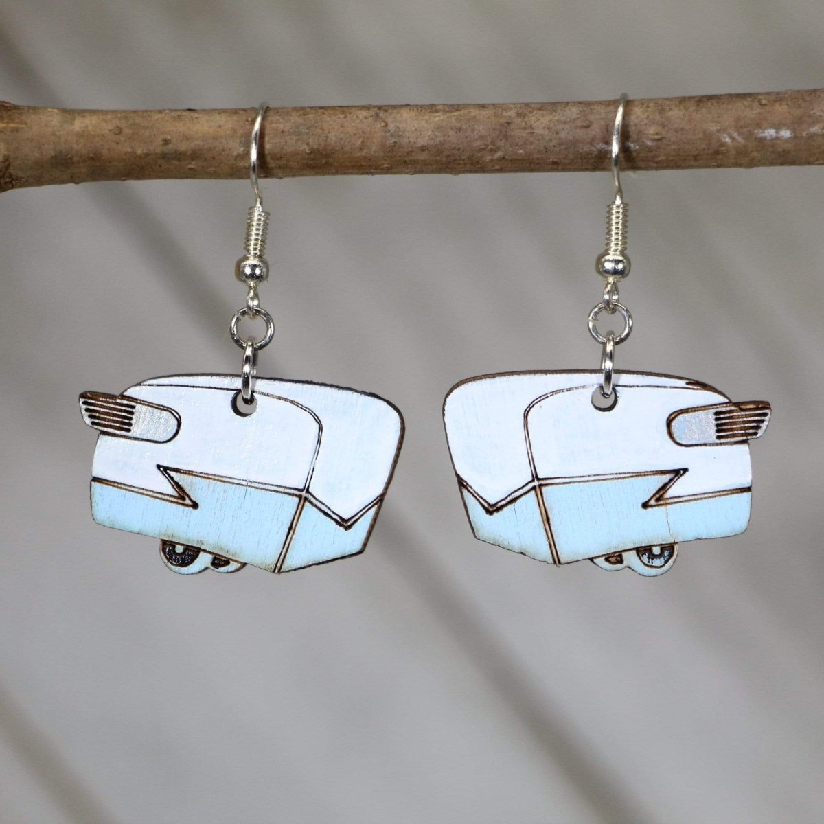 Shasta Camper Wooden Dangle Earrings | Vintage Camper Jewelry detail view by Cate's Concepts, LLC