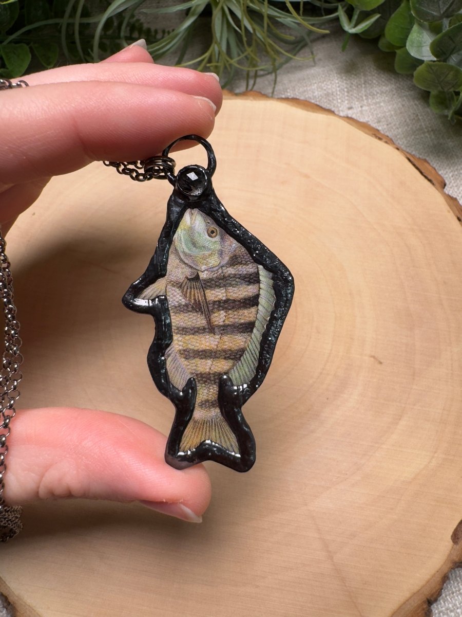 Sheepshead and Black Rutile Quartz Necklace detail view by Copper Ashes