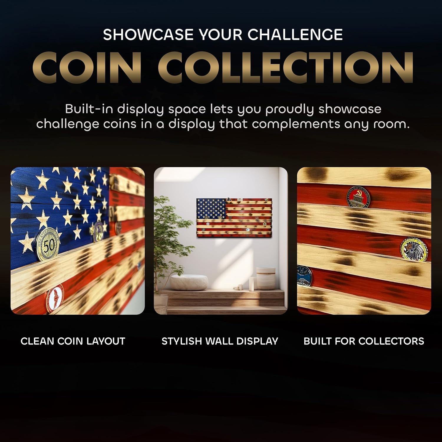 American Flag Challenge Coin Display and Hidden Gun Cabinet, Military Coin Holder Holds 100 Coins and is Ready to Hang, Large US Flag Patriotic Art 38 by Bellewood Designs